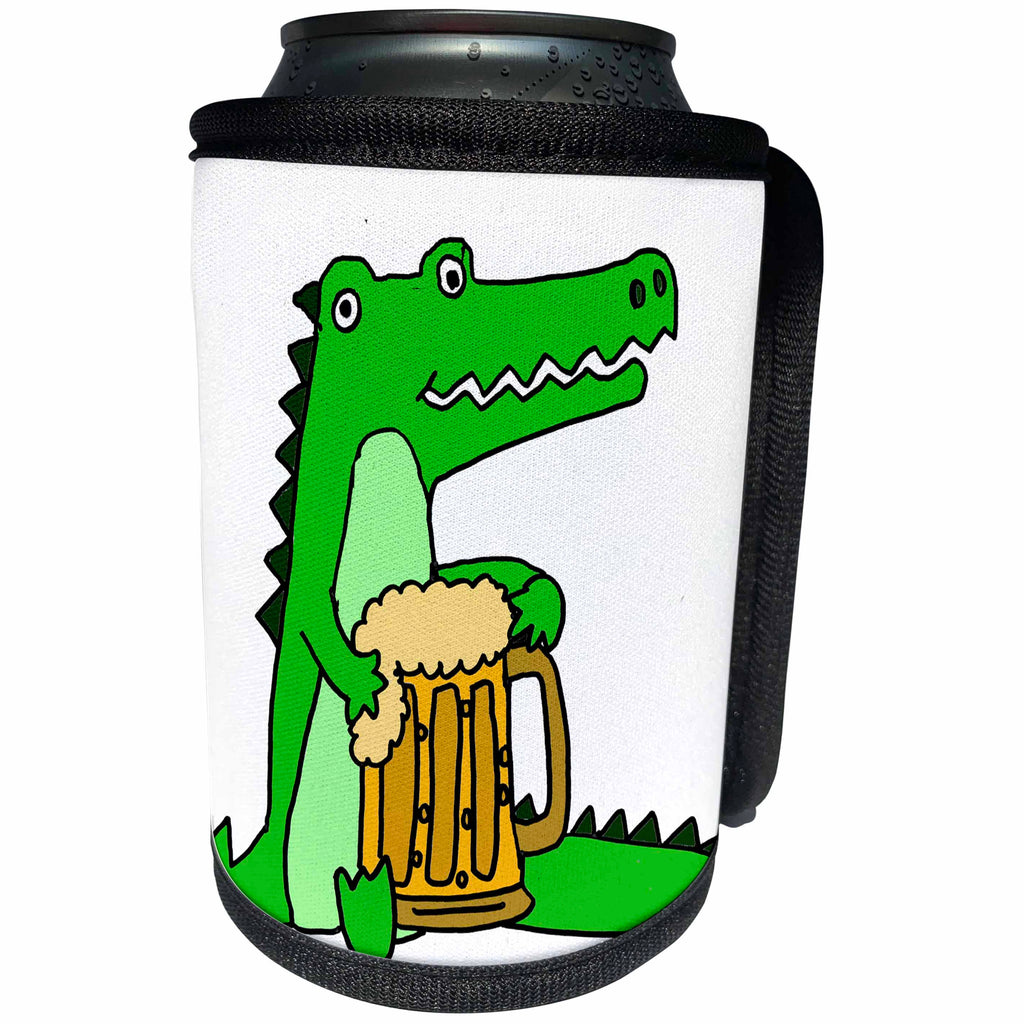 3dRose All Smiles Art Drinking - Funny Cute Green Alligator Drinking Beer Cartoon - Can Cooler Bottle Wrap (cc_254068)