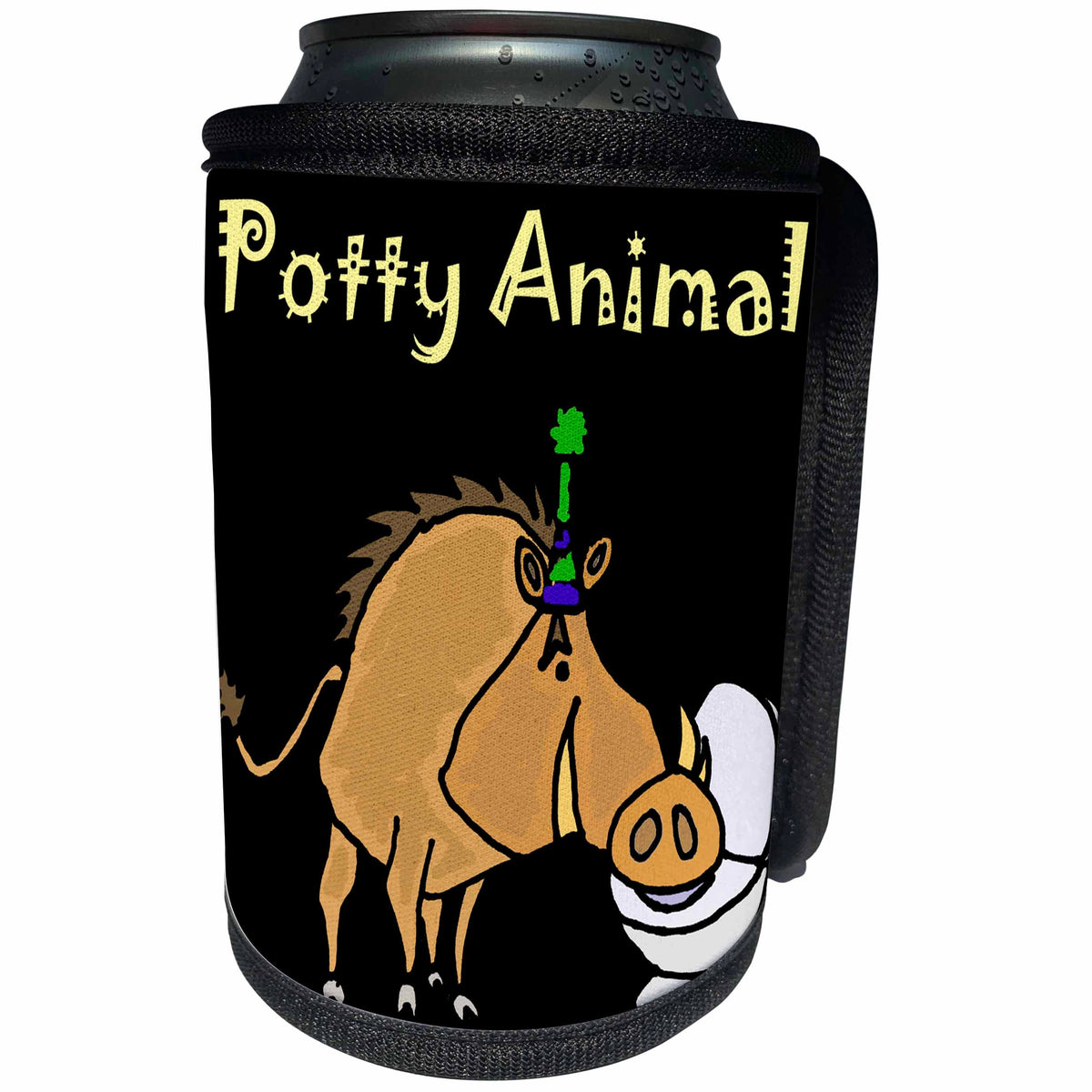 3dRose All Smiles Art Funny - Funny Warthog Drinking from Toilet in Party Hat is Potty Animal - Can Cooler Bottle Wrap (cc_254069)