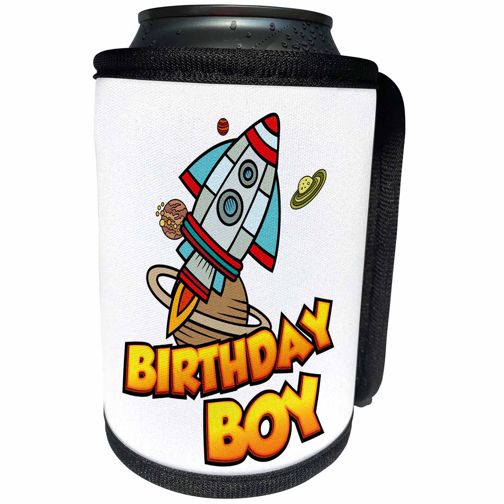 3dRose Carsten Reisinger - Illustrations - Birthday Boy Rocket Space Ship Planets Exploration - Can Cooler Bottle Wrap (cc_254070)