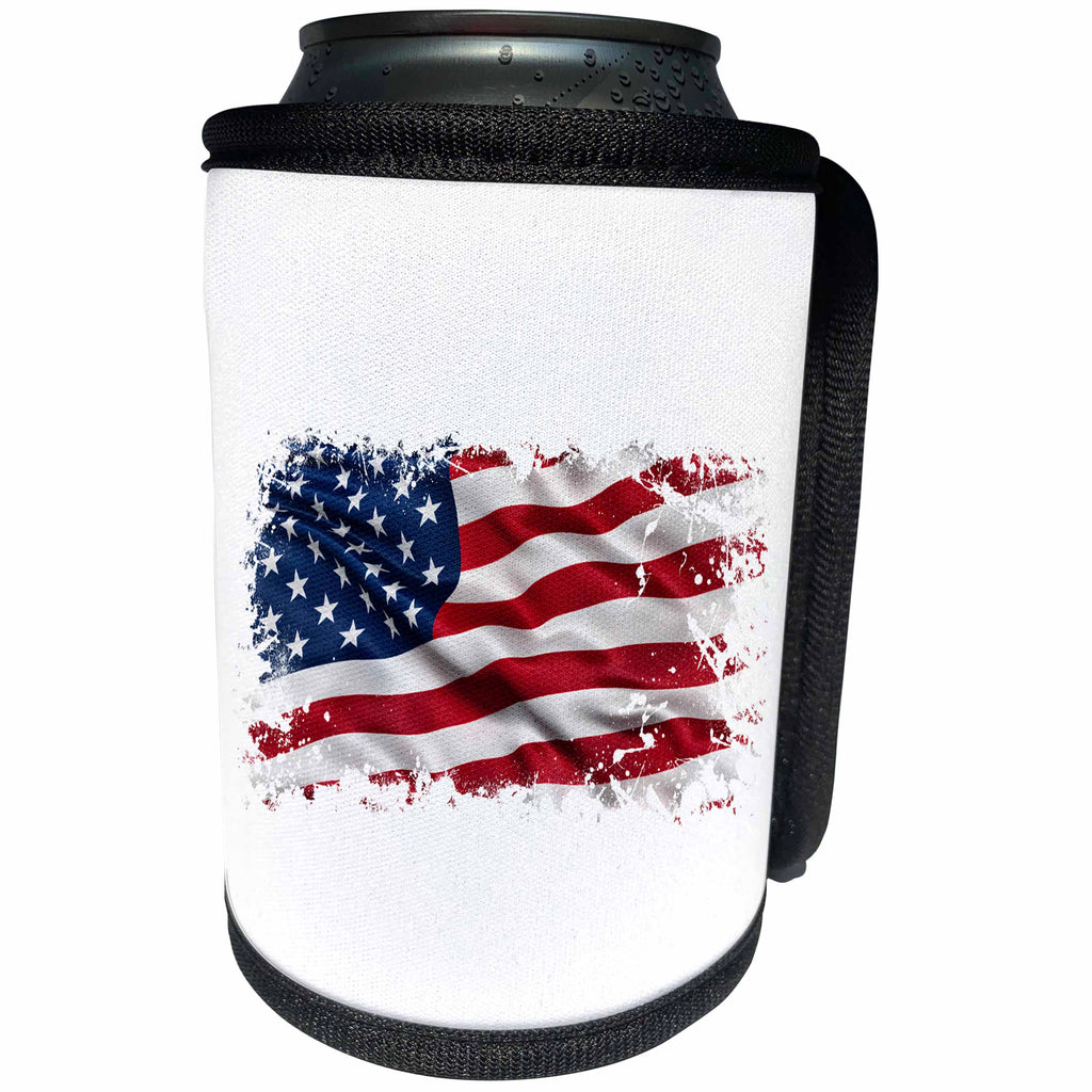 3dRose Carsten Reisinger - Illustrations - Grunge USA Flag Waving in the Wind Patriotic Stars and Stripes - Can Cooler Bottle Wrap (cc_254074)