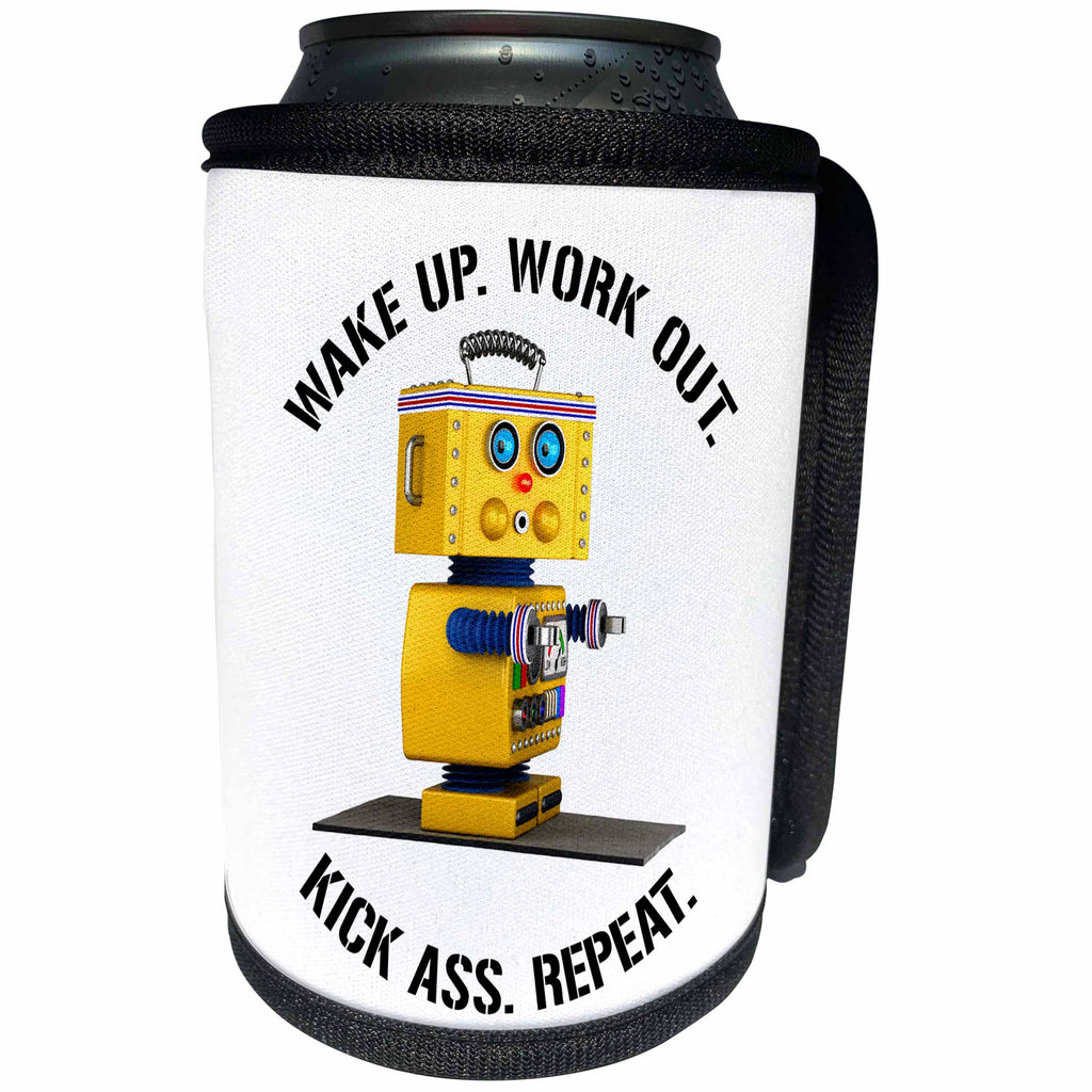 3dRose Carsten Reisinger - Illustrations - Wake up - work out - kick ass - repeat - funny motivational quote - Can Cooler Bottle Wrap (cc_254082)