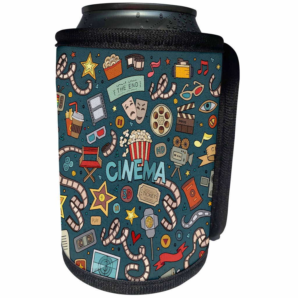 3dRose Carsten Reisinger - Illustrations - Cinema Fan Goer Cute Illustration Movies Silver Screen - Can Cooler Bottle Wrap (cc_254085)