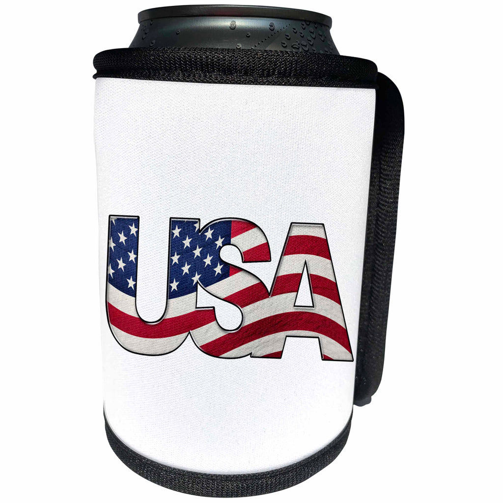 3dRose Carsten Reisinger - Illustrations - Patriotic USA signage with a realistic waving flag in the background - Can Cooler Bottle Wrap (cc_254086)