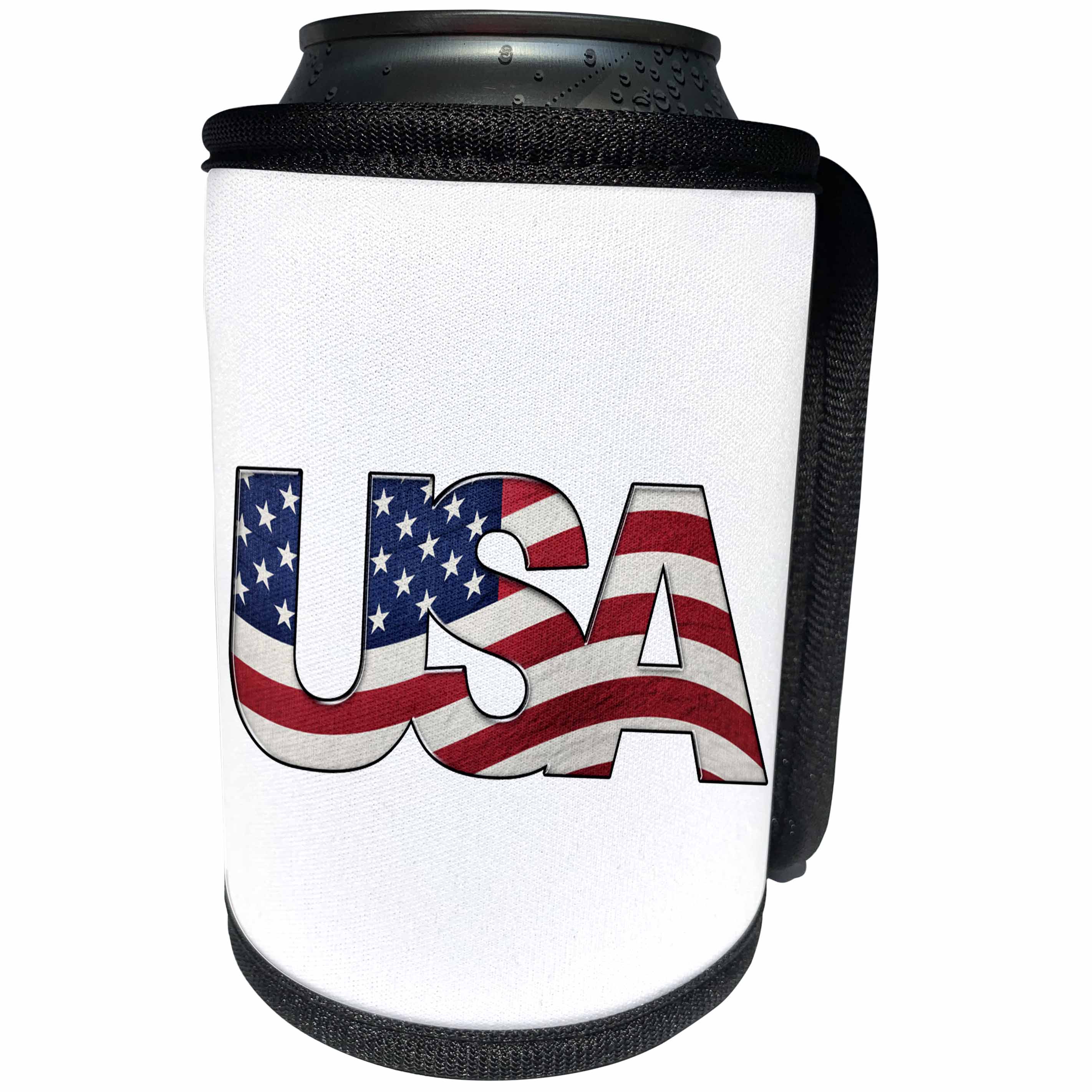 3dRose Carsten Reisinger - Illustrations - Patriotic USA signage with a realistic waving flag in the background - Can Cooler Bottle Wrap (cc_254086)