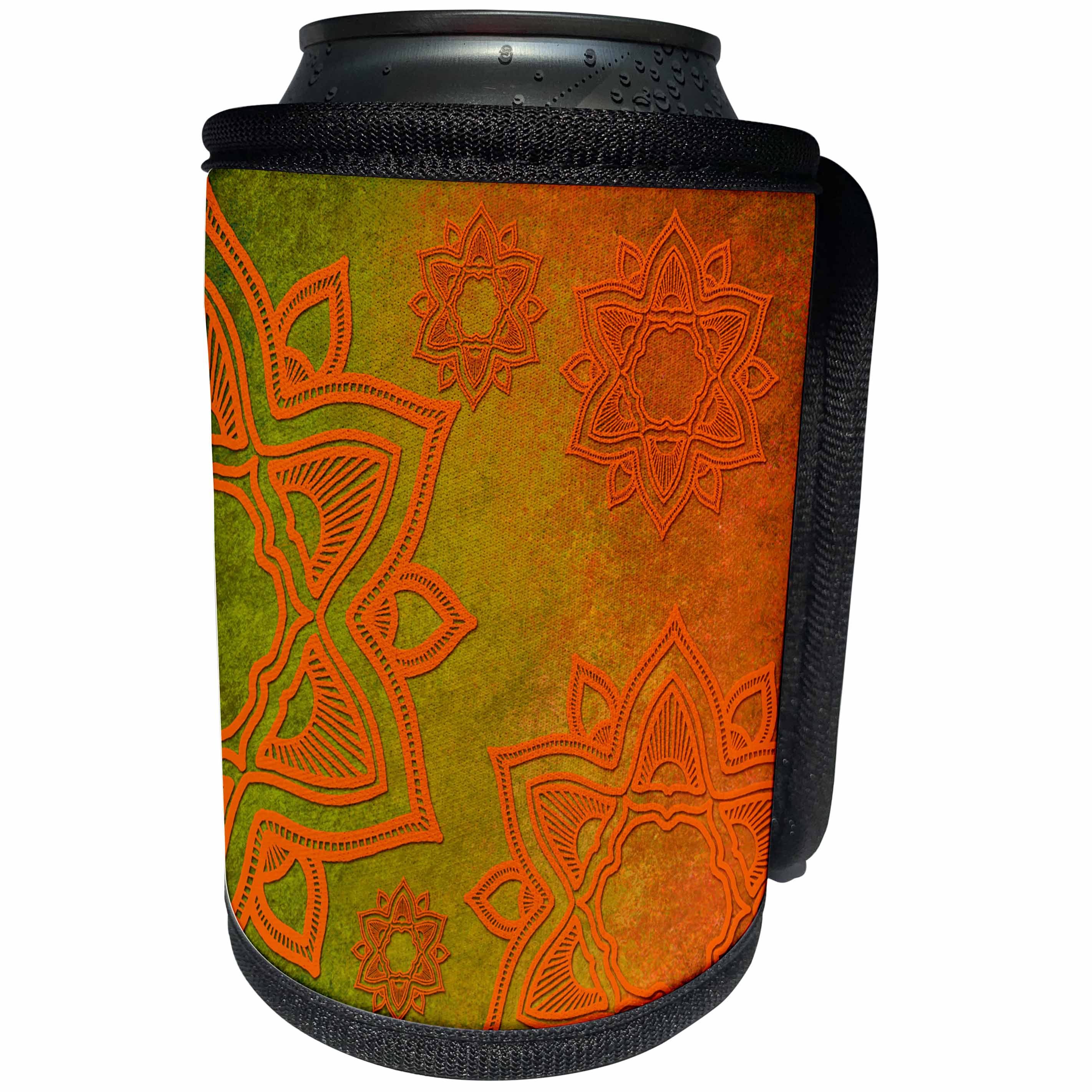 3dRose Sven Herkenrath Mandala - Orange Mandala with Green Background Buddha Yoga - Can Cooler Bottle Wrap (cc_254096)
