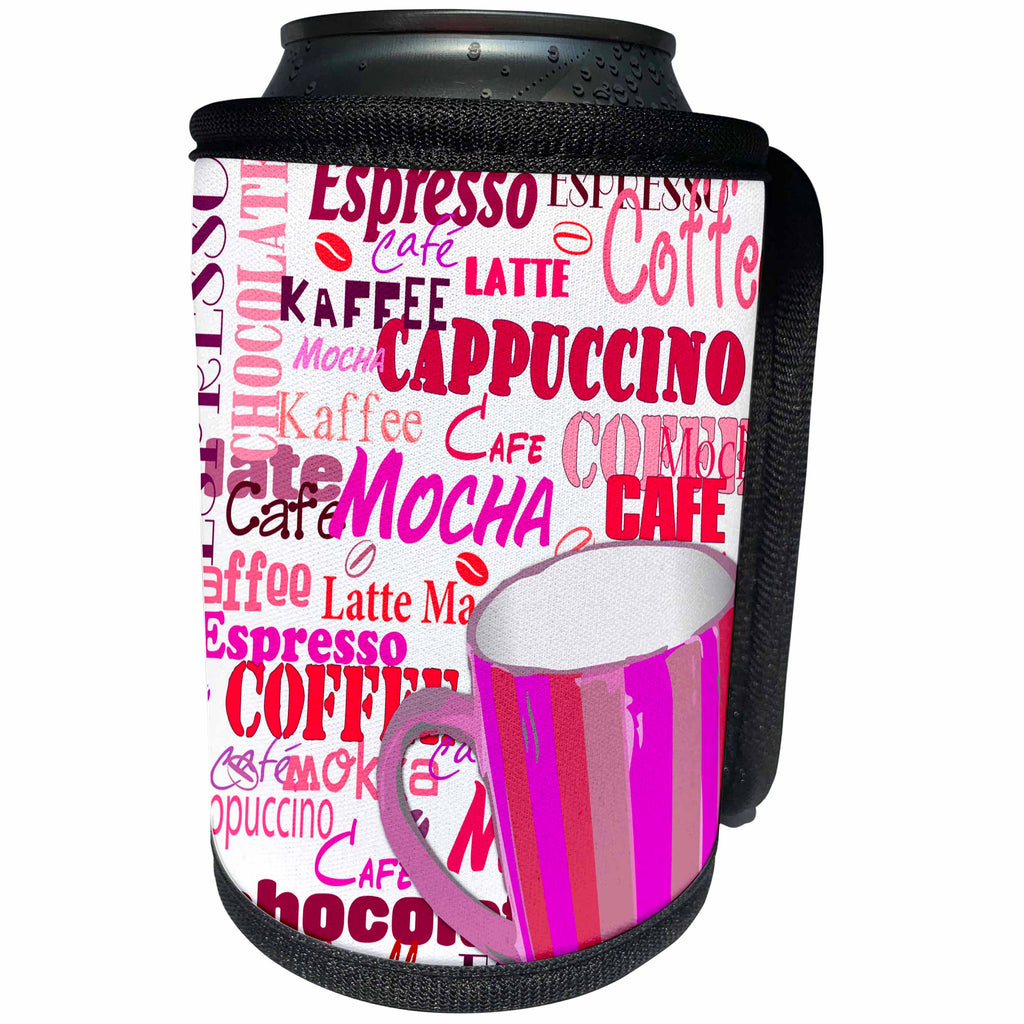 3dRose Sven Herkenrath Letters - Pink Style of Coffee Cappuccino Drink Food - Can Cooler Bottle Wrap (cc_254108)