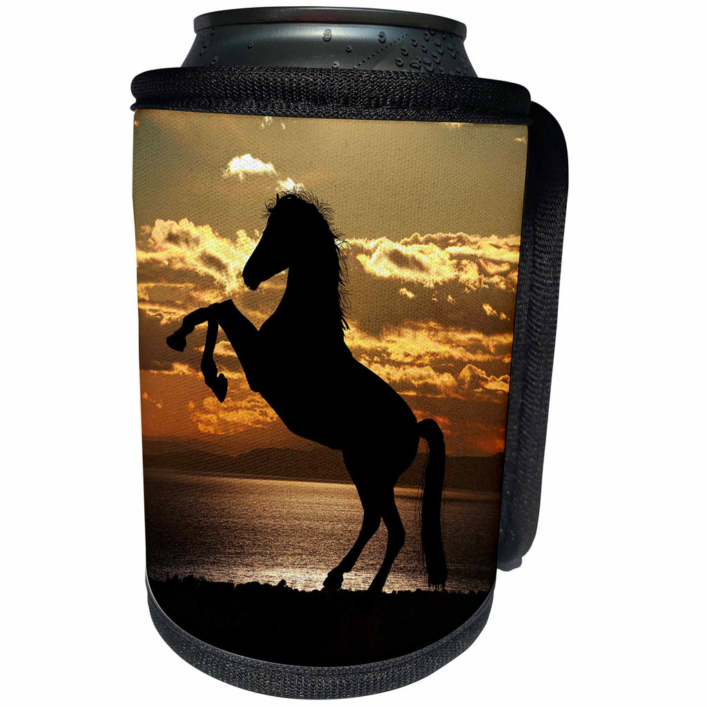 3dRose Sven Herkenrath Animal - Wonderful Sunset with Black Horse Farm Animal Nature Ocean - Can Cooler Bottle Wrap (cc_254146)
