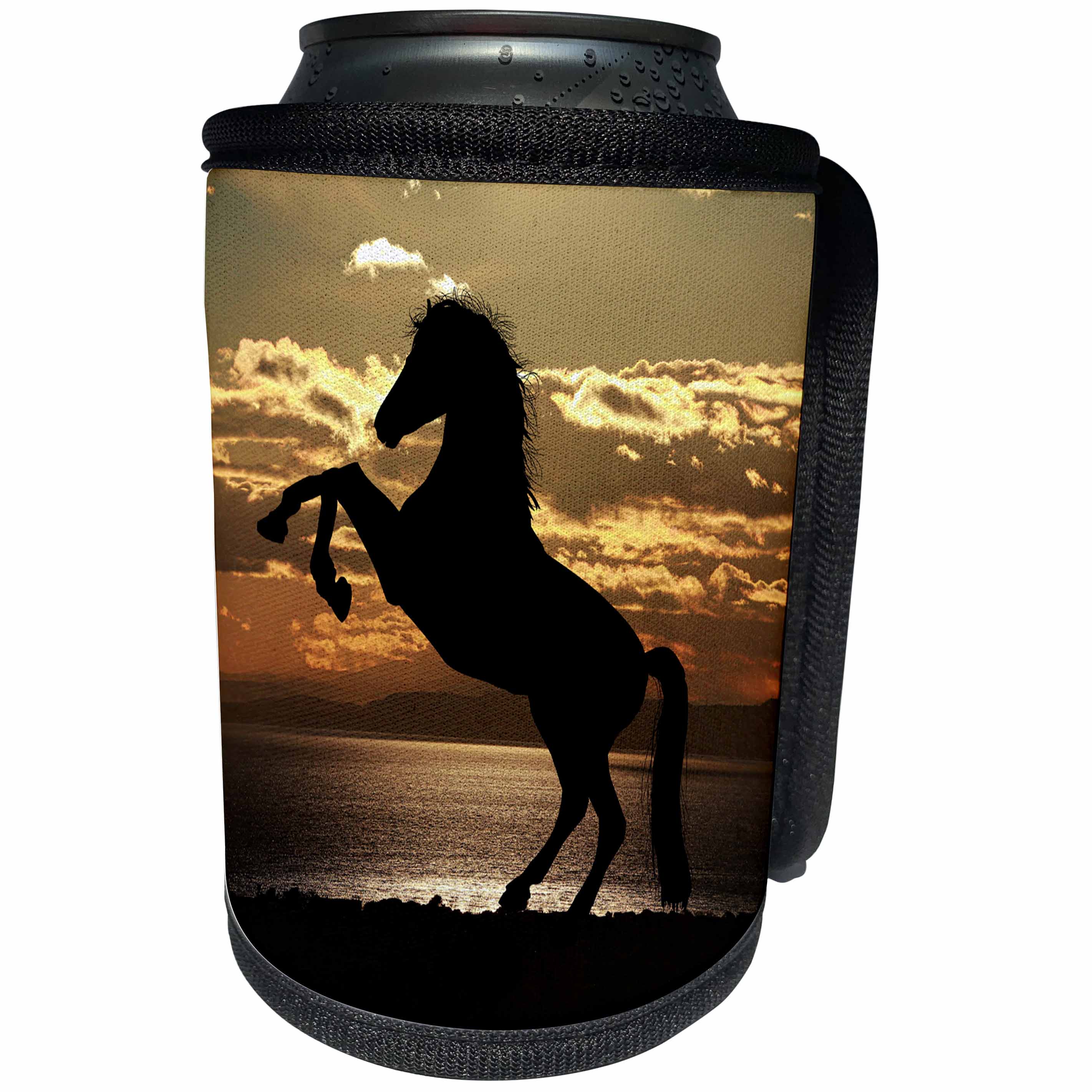 3dRose Sven Herkenrath Animal - Wonderful Sunset with Black Horse Farm Animal Nature Ocean - Can Cooler Bottle Wrap (cc_254146)