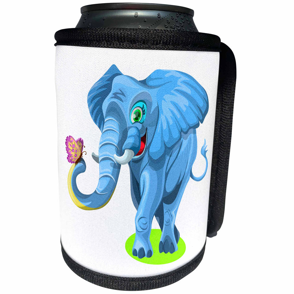 3dRose Sven Herkenrath Animal - Blue Elephant with Butterfly Cartoon, Happy, Sweet, Animal, Comic - Can Cooler Bottle Wrap (cc_254303)