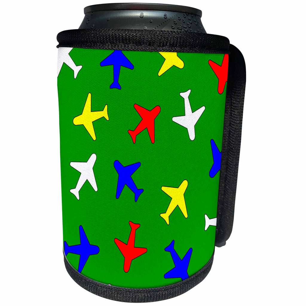 3dRose Janna Salak Designs Trains and Planes - Cute Plane Print Primary Colors Green Background - Can Cooler Bottle Wrap (cc_25433)