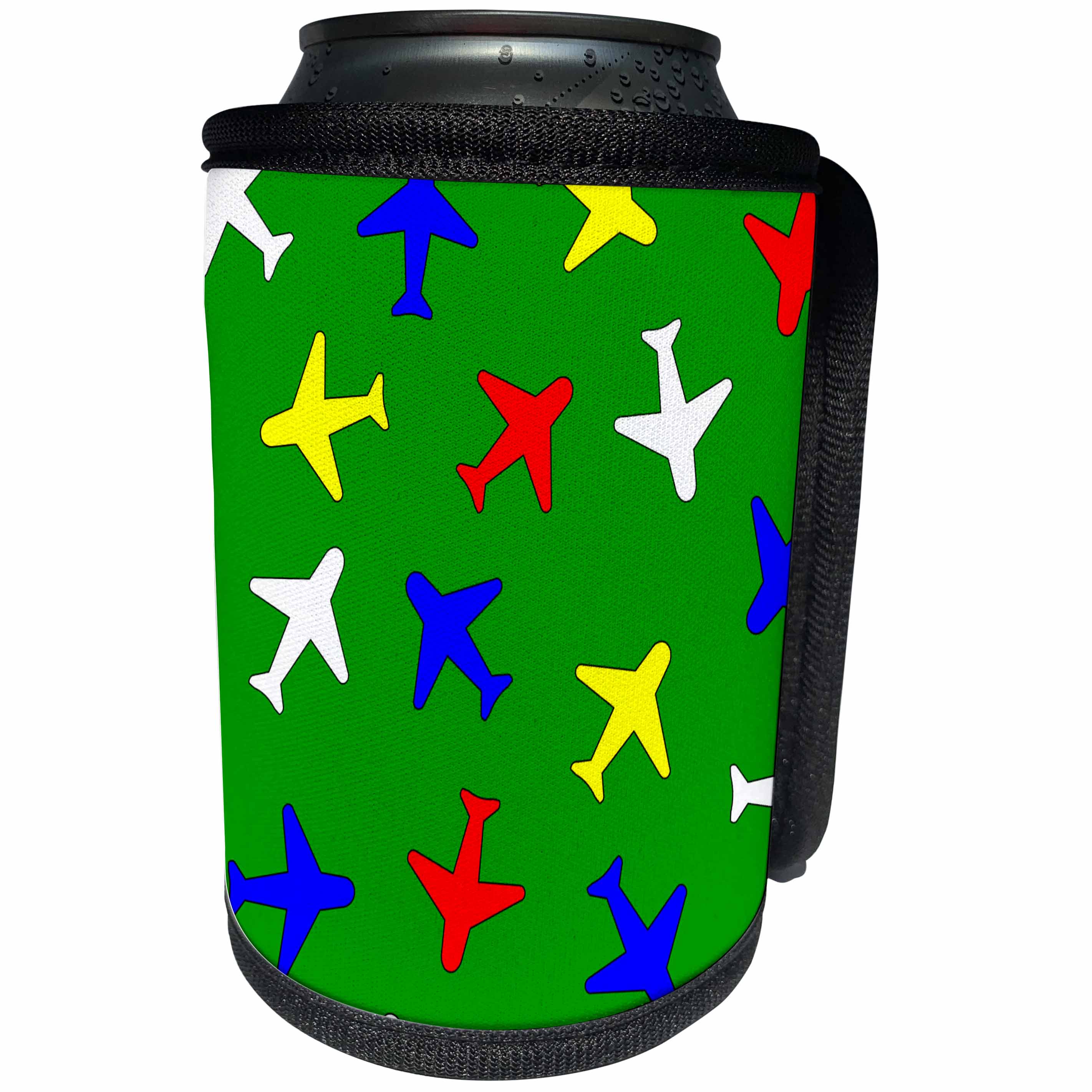 3dRose Janna Salak Designs Trains and Planes - Cute Plane Print Primary Colors Green Background - Can Cooler Bottle Wrap (cc_25433)