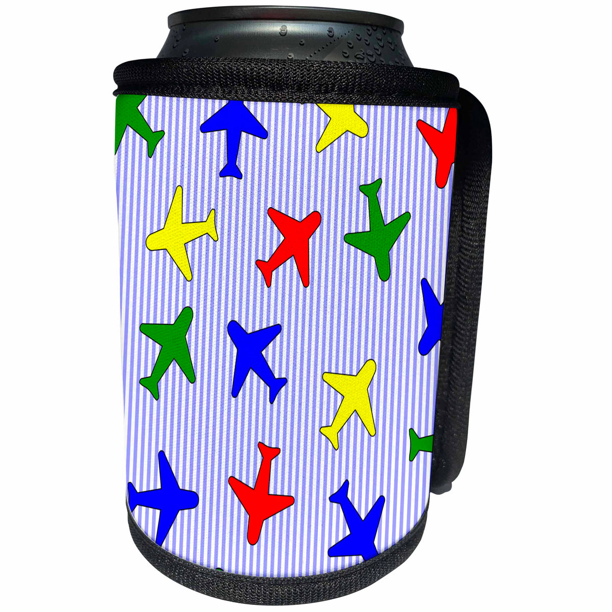 3dRose Janna Salak Designs Trains and Planes - Cute Plane Print Primary Colors Blue Stripe Background - Can Cooler Bottle Wrap (cc_25434)