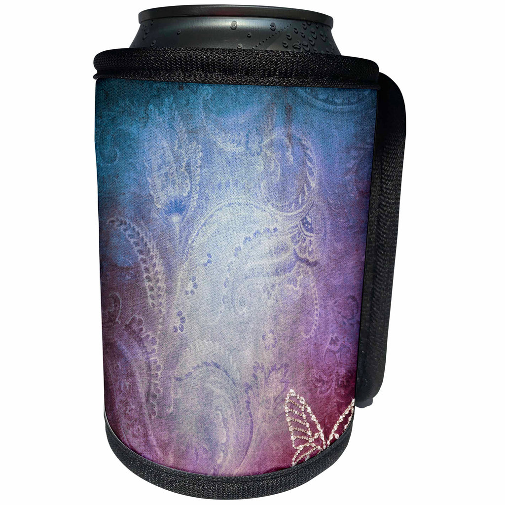 3dRose Sven Herkenrath Abstract - White Butterfly with Blue and Purple Adorned Background Design - Can Cooler Bottle Wrap (cc_254343)