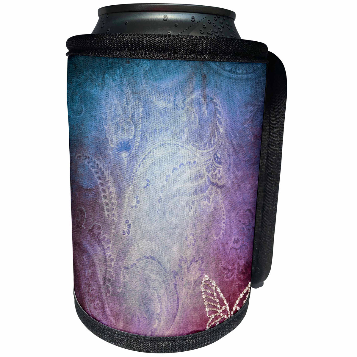 3dRose Sven Herkenrath Abstract - White Butterfly with Blue and Purple Adorned Background Design - Can Cooler Bottle Wrap (cc_254343)