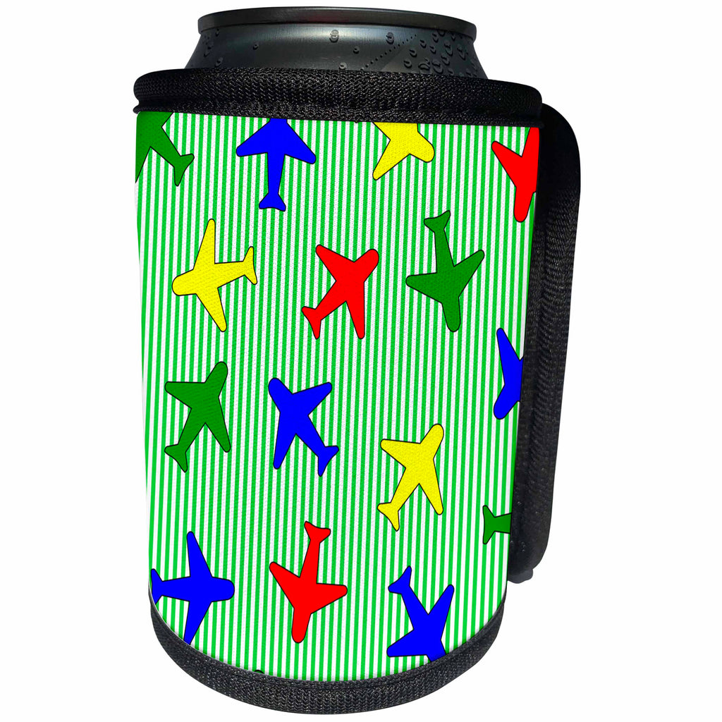3dRose Janna Salak Designs Trains and Planes - Cute Plane Print Primary Colors Green Stripe Background - Can Cooler Bottle Wrap (cc_25435)