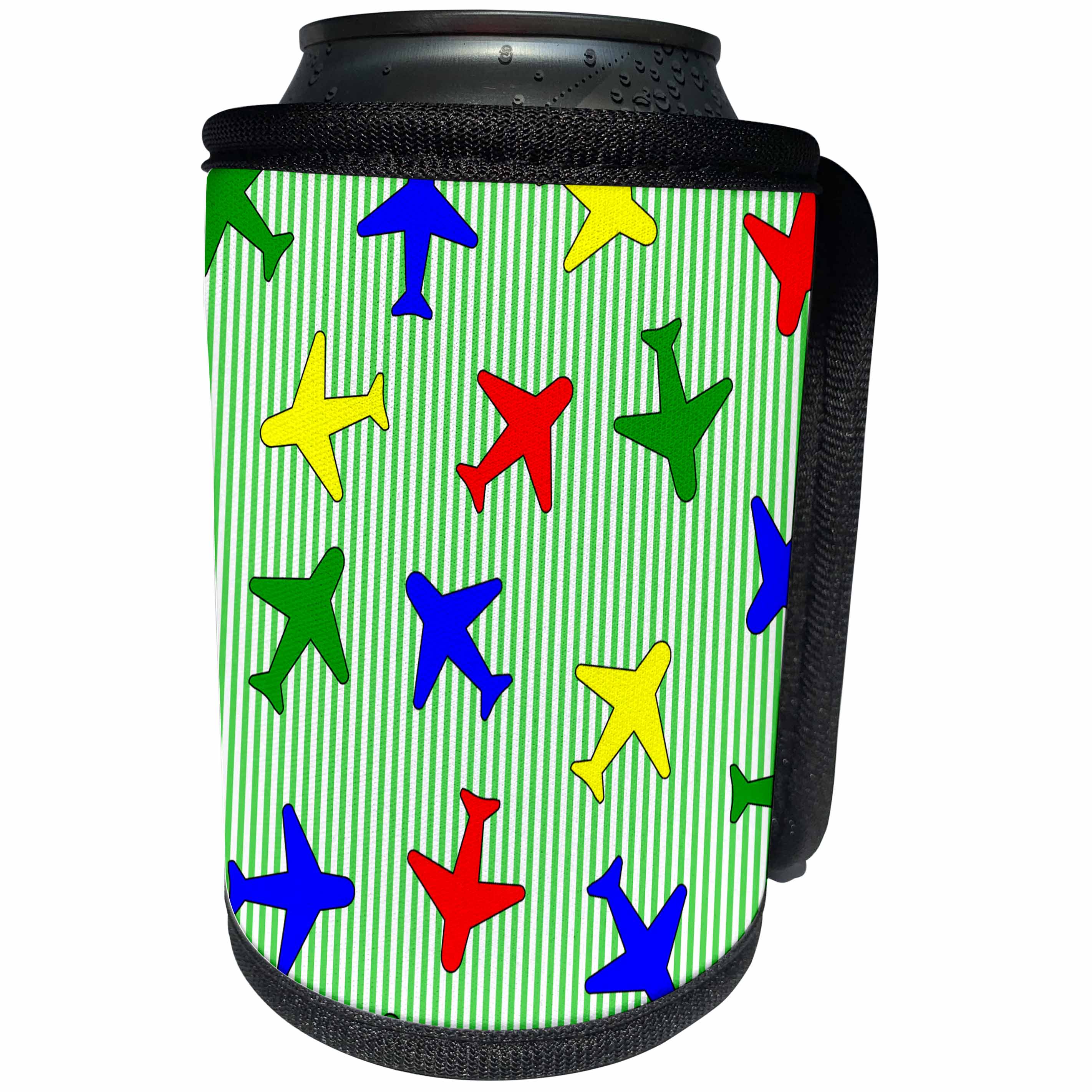3dRose Janna Salak Designs Trains and Planes - Cute Plane Print Primary Colors Green Stripe Background - Can Cooler Bottle Wrap (cc_25435)