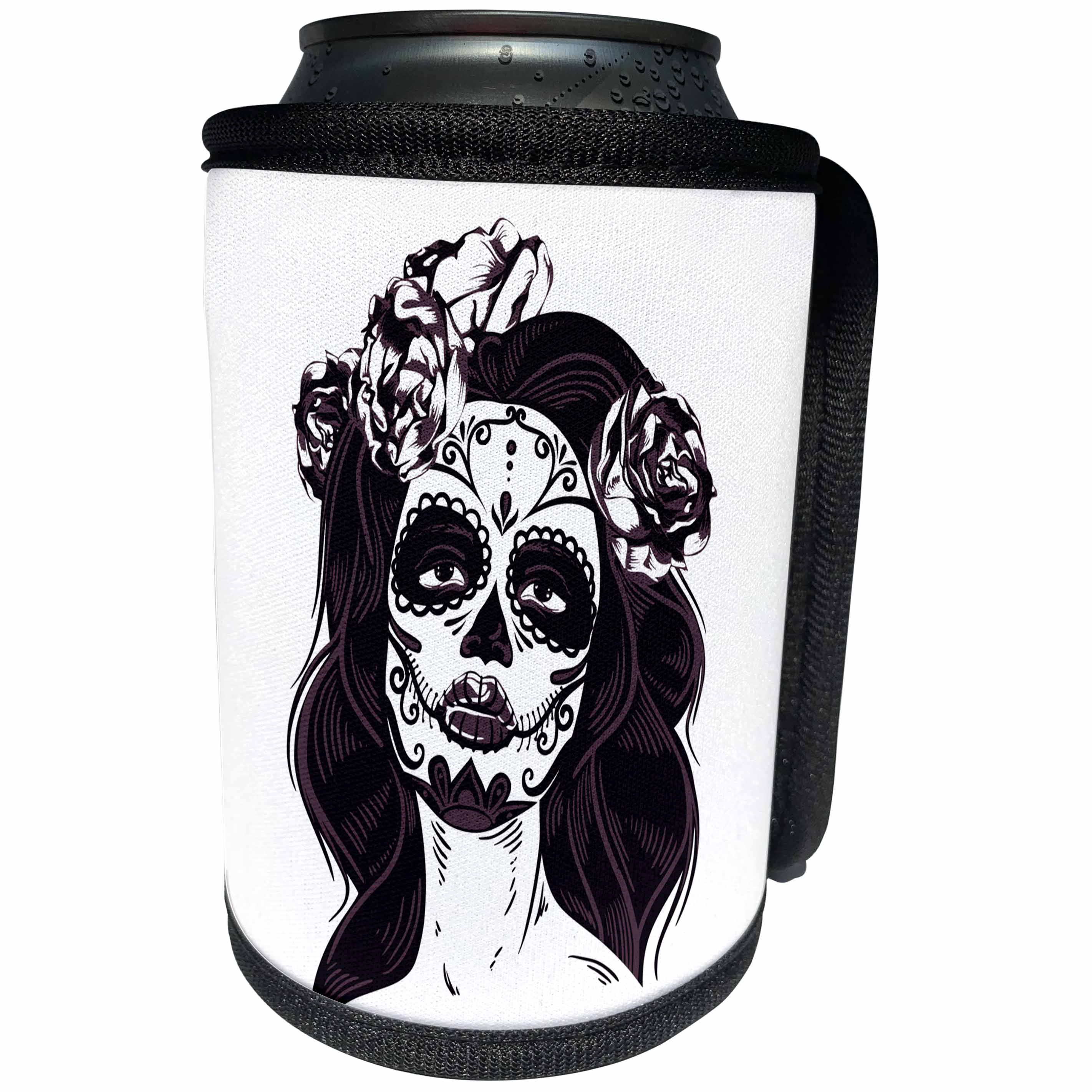 3dRose Sven Herkenrath Skull - Female Skull with Flowers in Hair Gothic Day of the Dead - Can Cooler Bottle Wrap (cc_254367)