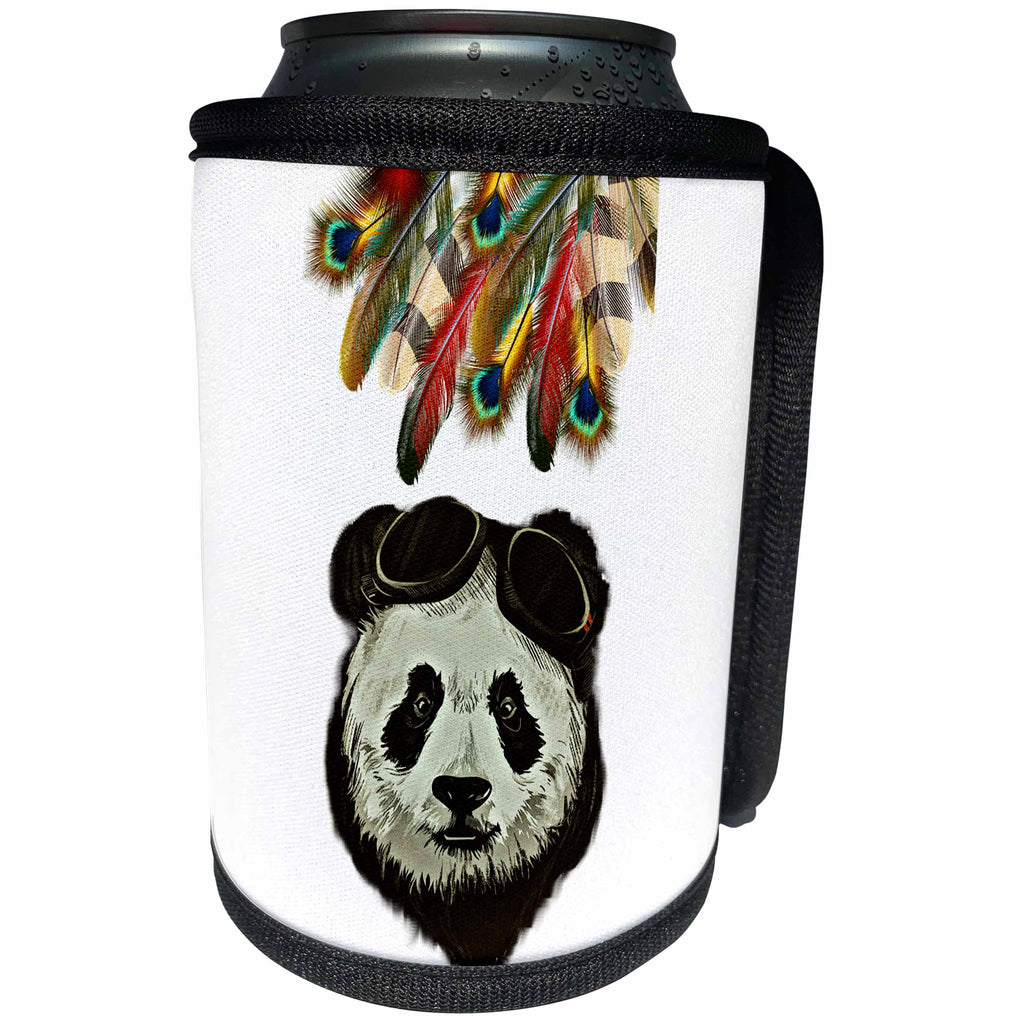 3dRose Sven Herkenrath Animal - Panda Bear Glasses with colorful Peacocks Wild Design Art Animal Nature - Can Cooler Bottle Wrap (cc_254374)