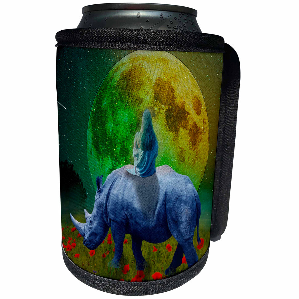 3dRose Sven Herkenrath Fantasy - Girl sitting on Rhino on Poppy fields Big Moon, Stars colorful Background - Can Cooler Bottle Wrap (cc_254380)