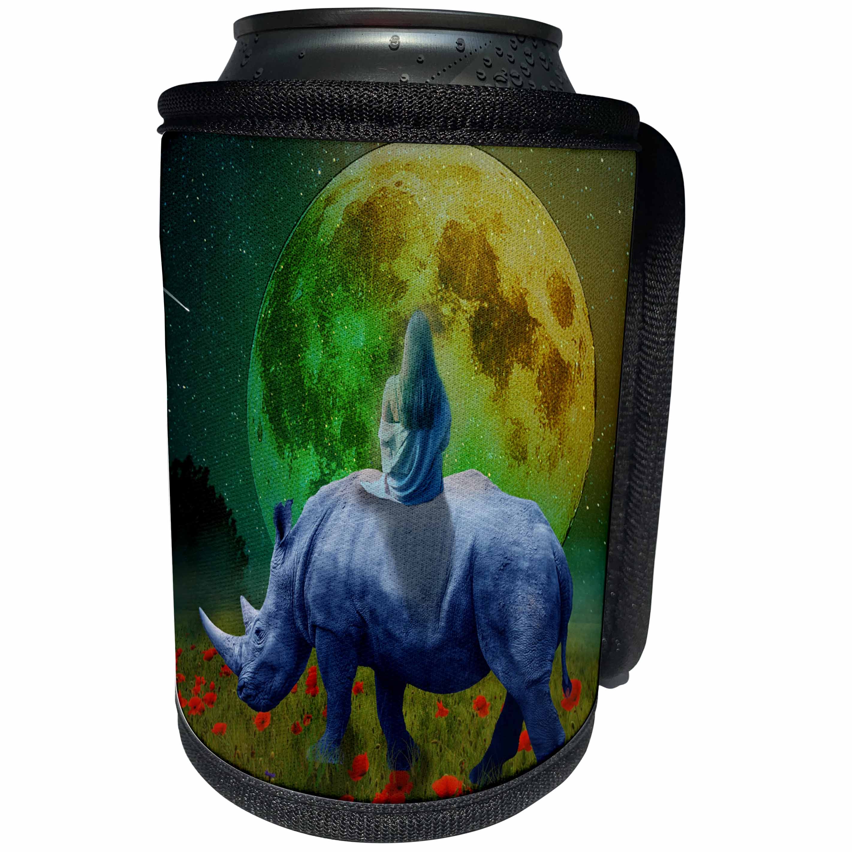 3dRose Sven Herkenrath Fantasy - Girl sitting on Rhino on Poppy fields Big Moon, Stars colorful Background - Can Cooler Bottle Wrap (cc_254380)