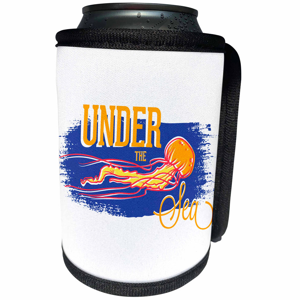 3dRose Sven Herkenrath Letters - Under The Sea Phrase Blue Background Orange Jellyfish Trendy - Can Cooler Bottle Wrap (cc_254386)