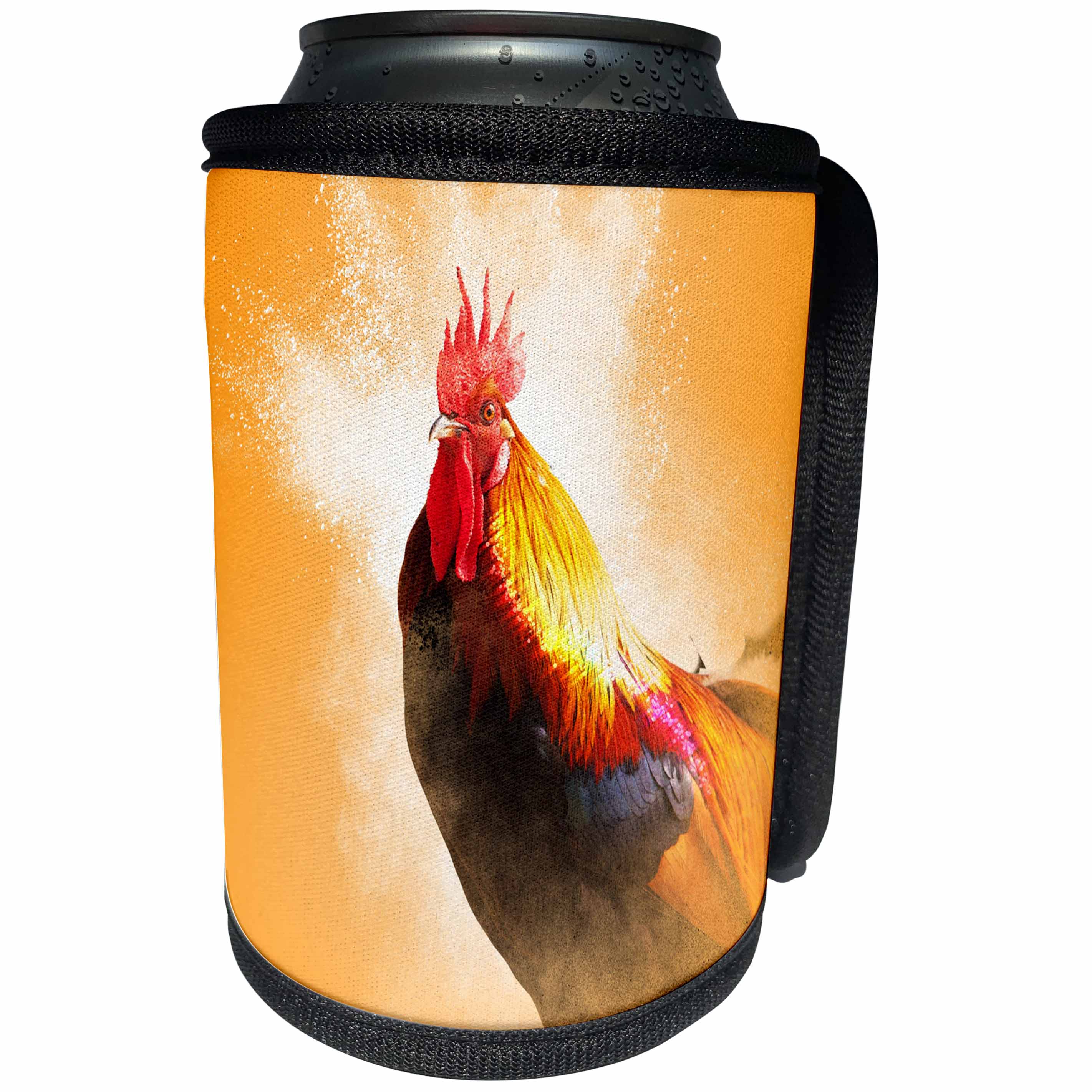 3dRose Sven Herkenrath Animal - Rooster Chicken colorful Feathers with orange Background Nature Design - Can Cooler Bottle Wrap (cc_254404)