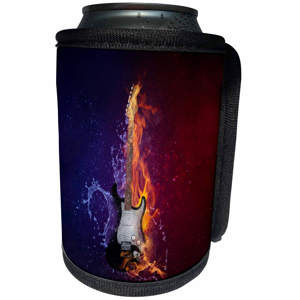 3dRose Sven Herkenrath Abstract - Electric Guitar half Water half Fire Rock Music with dark Background - Can Cooler Bottle Wrap (cc_254420)
