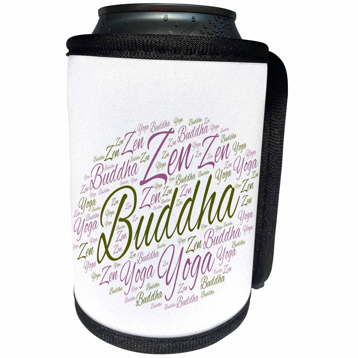3dRose Sven Herkenrath Letters - Purple and Green Buddha Zen Yoga Letters with white Background - Can Cooler Bottle Wrap (cc_254436)