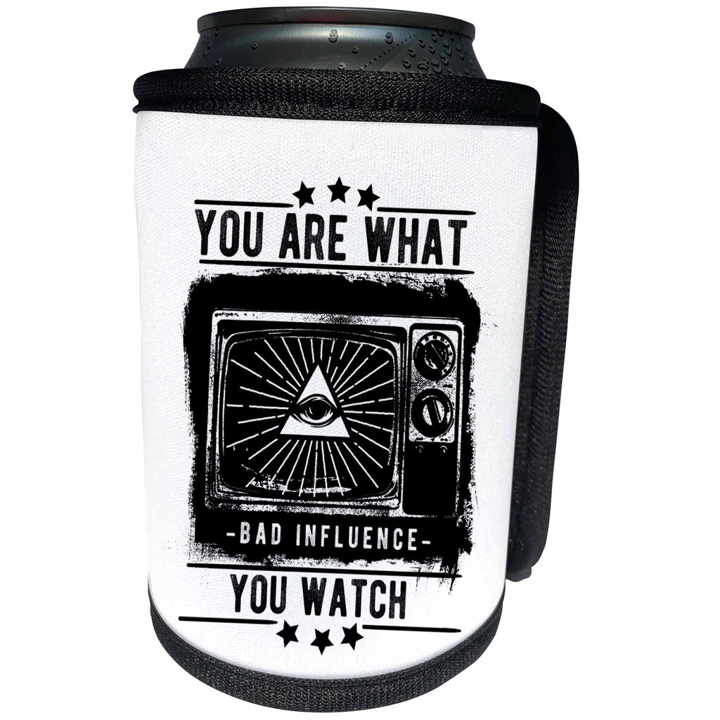 3dRose Sven Herkenrath Quotes - You are what you watch Bad Influence TV Black and White Eye of Providence - Can Cooler Bottle Wrap (cc_254437)