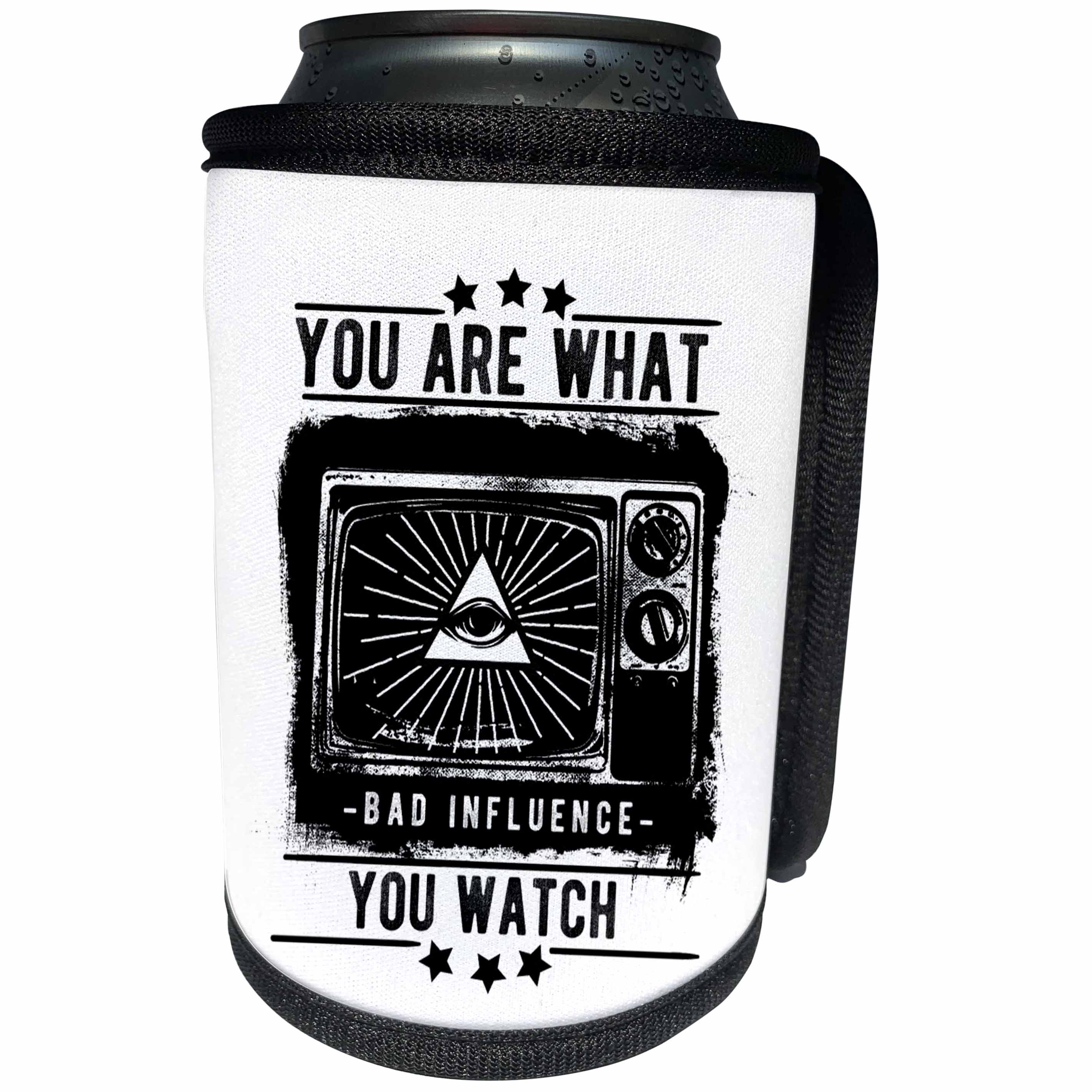 3dRose Sven Herkenrath Quotes - You are what you watch Bad Influence TV Black and White Eye of Providence - Can Cooler Bottle Wrap (cc_254437)