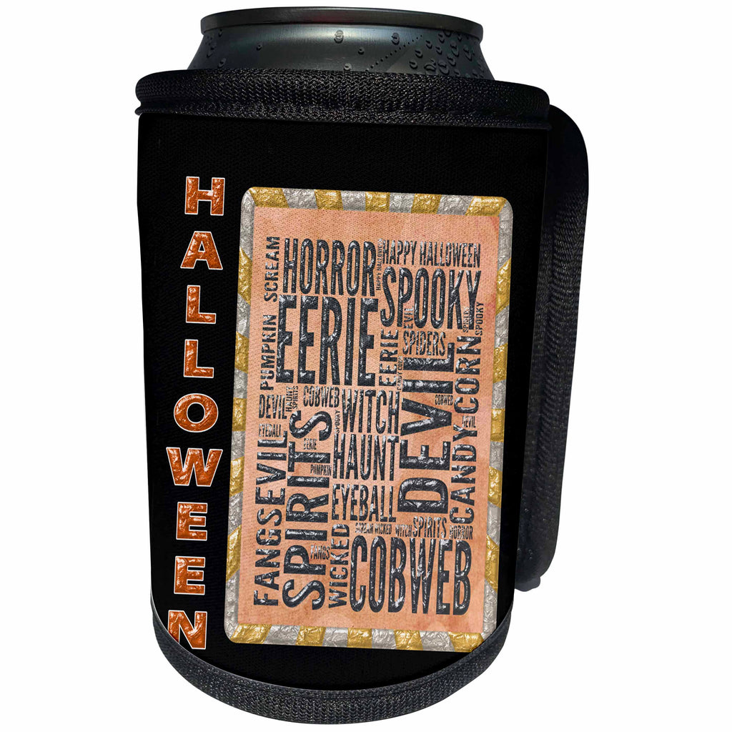 3dRose Beverly Turner Halloween Design - Halloween Words, Haunt, Spooky, Cobweb, Eyeball, Fangs, Witch, Eerie - Can Cooler Bottle Wrap (cc_254442)