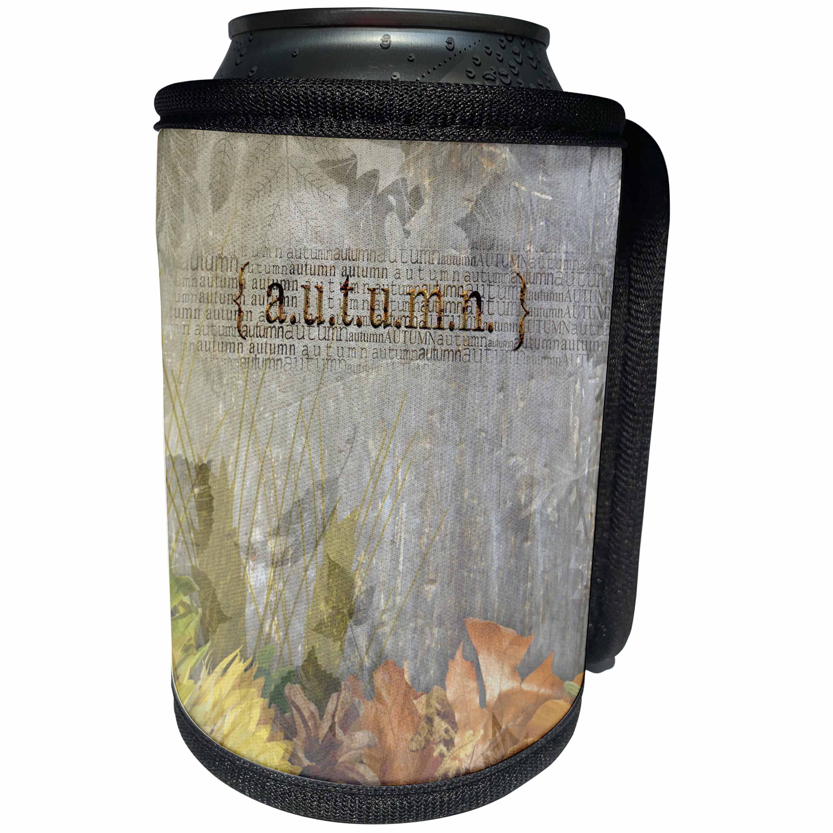 3dRose Beverly Turner Autumn Design - Word Autumn, Fall Leaves on Gray Leaf Background - Can Cooler Bottle Wrap (cc_254443)