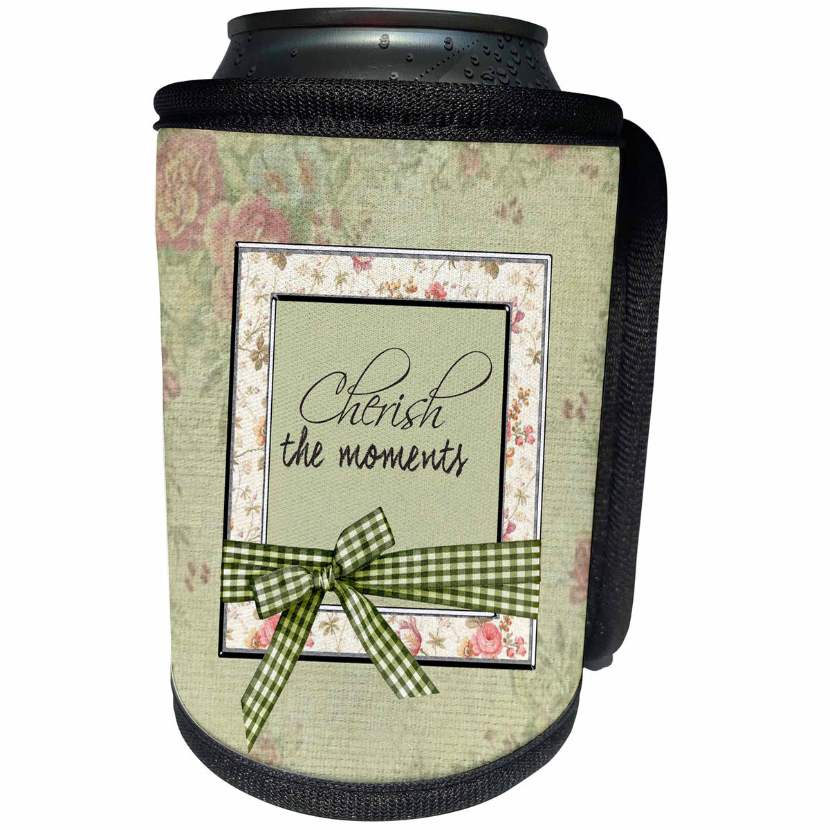 3dRose Beverly Turner Flora Design - Cherish the Moments, Flowered Frame with Bow, Green, Pink - Can Cooler Bottle Wrap (cc_254446)
