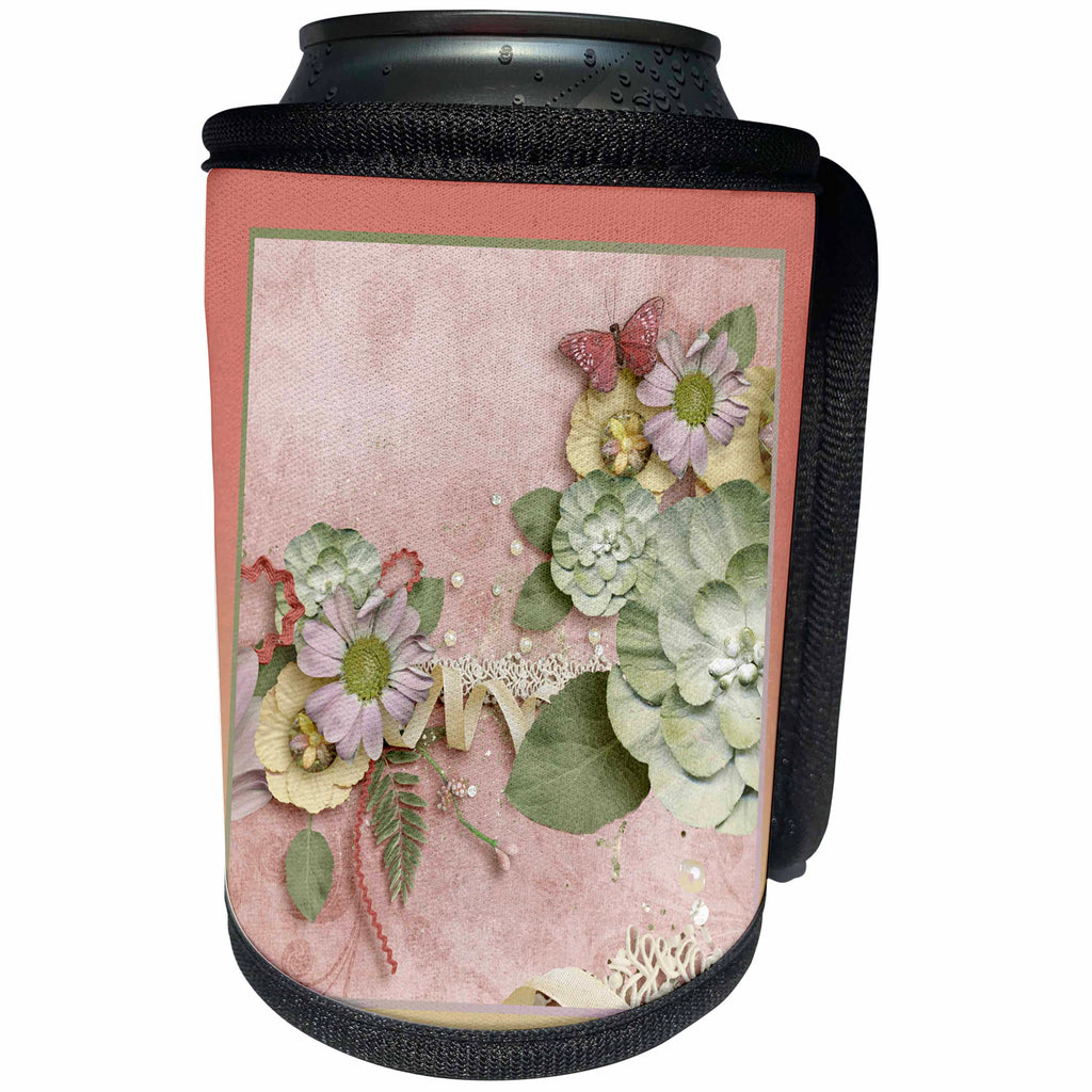 3dRose Beverly Turner Flora Design - Pretty Pink and Cream Flowers, Butterfly, Pearls, Rickrack and Lace - Can Cooler Bottle Wrap (cc_254447)