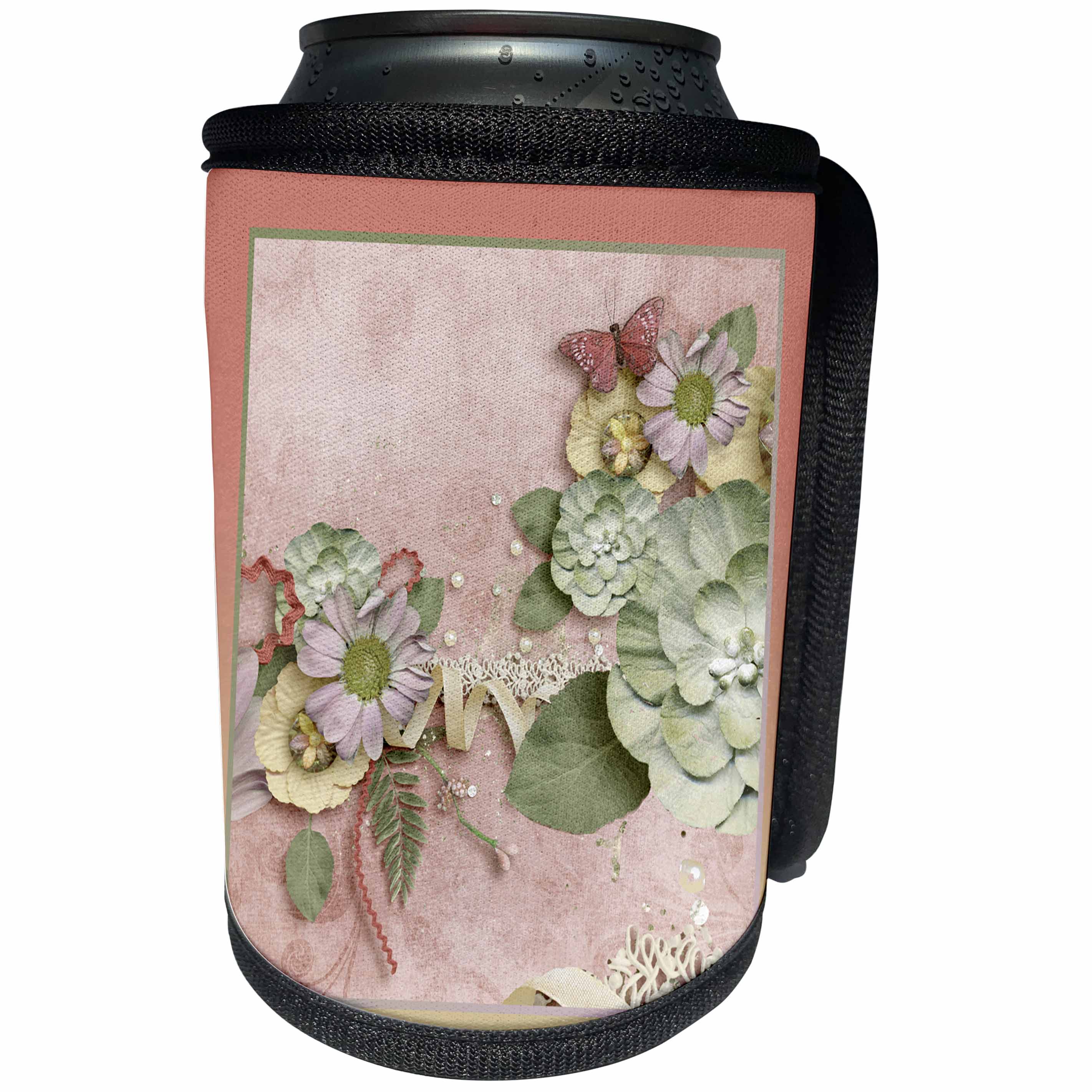 3dRose Beverly Turner Flora Design - Pretty Pink and Cream Flowers, Butterfly, Pearls, Rickrack and Lace - Can Cooler Bottle Wrap (cc_254447)