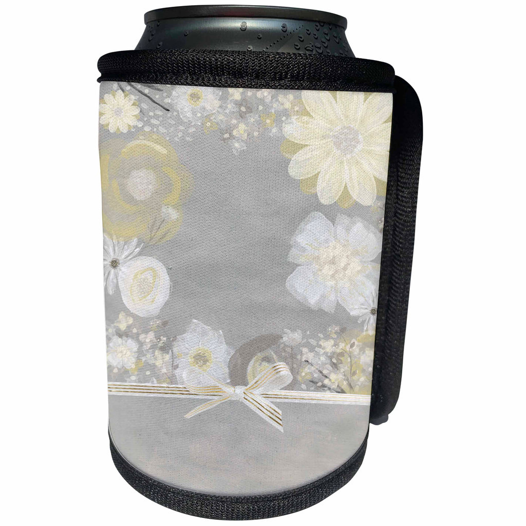 3dRose Beverly Turner Flora Design - Flowers of Pastel Creams, Yellow, and Gray with Gold Striped Bow - Can Cooler Bottle Wrap (cc_254448)