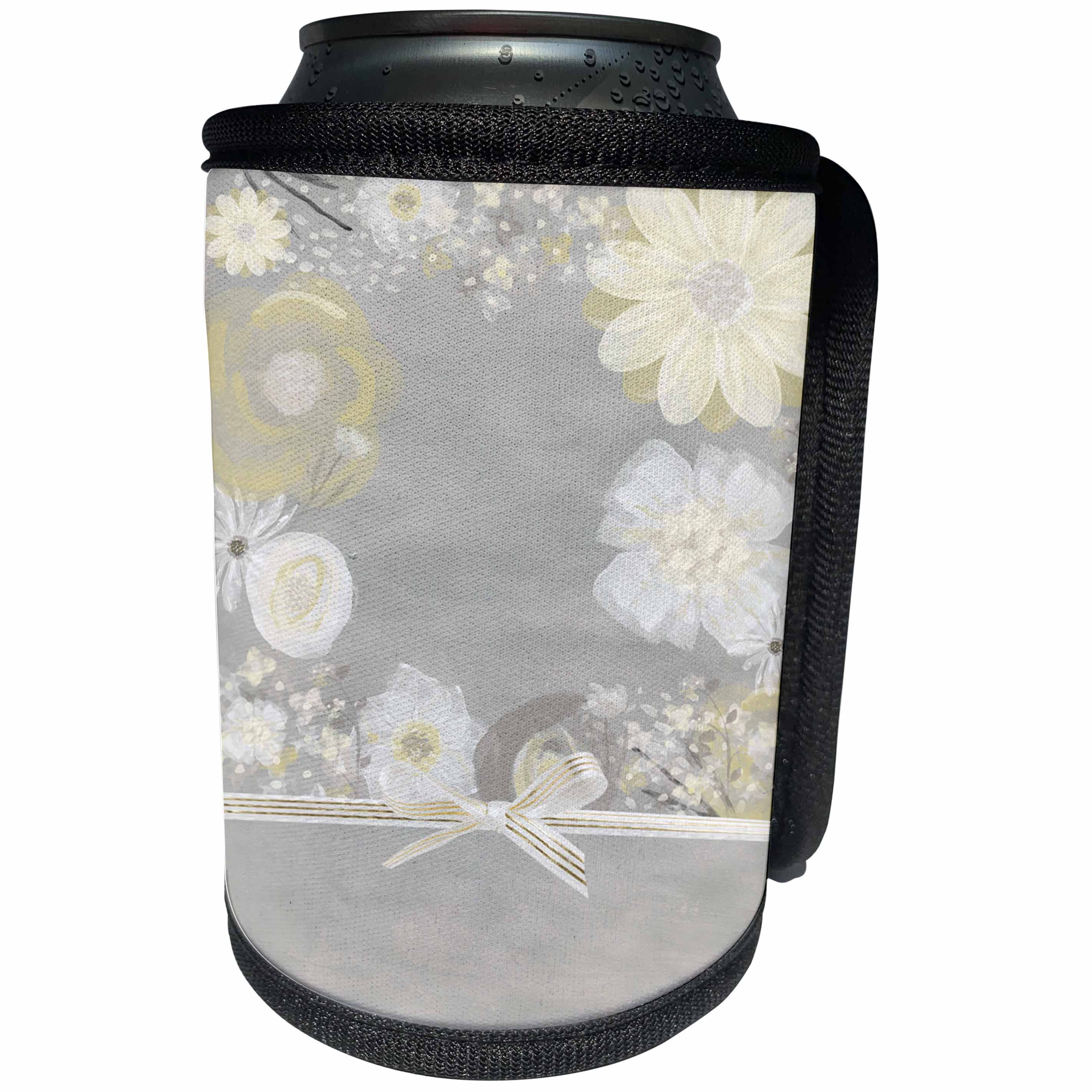 3dRose Beverly Turner Flora Design - Flowers of Pastel Creams, Yellow, and Gray with Gold Striped Bow - Can Cooler Bottle Wrap (cc_254448)