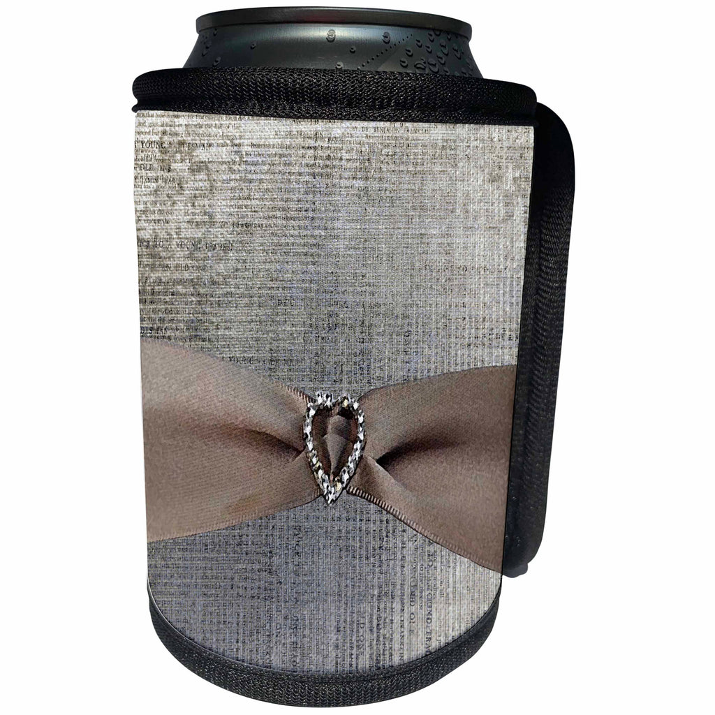 3dRose Beverly Turner Heart Design - Taupe Ribbon Look with Heart with Diamond Look on Gray Fabric Weave - Can Cooler Bottle Wrap (cc_254449)