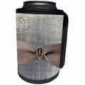 3dRose Beverly Turner Heart Design - Taupe Ribbon Look with Heart with Diamond Look on Gray Fabric Weave - Can Cooler Bottle Wrap (cc_254449)