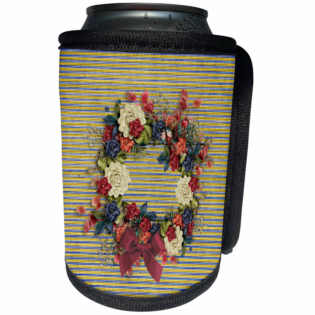 3dRose Beverly Turner Flora Design - Red, Cream, and Blue Flowered Wreath, Blue, Yellow Lined Background - Can Cooler Bottle Wrap (cc_254450)