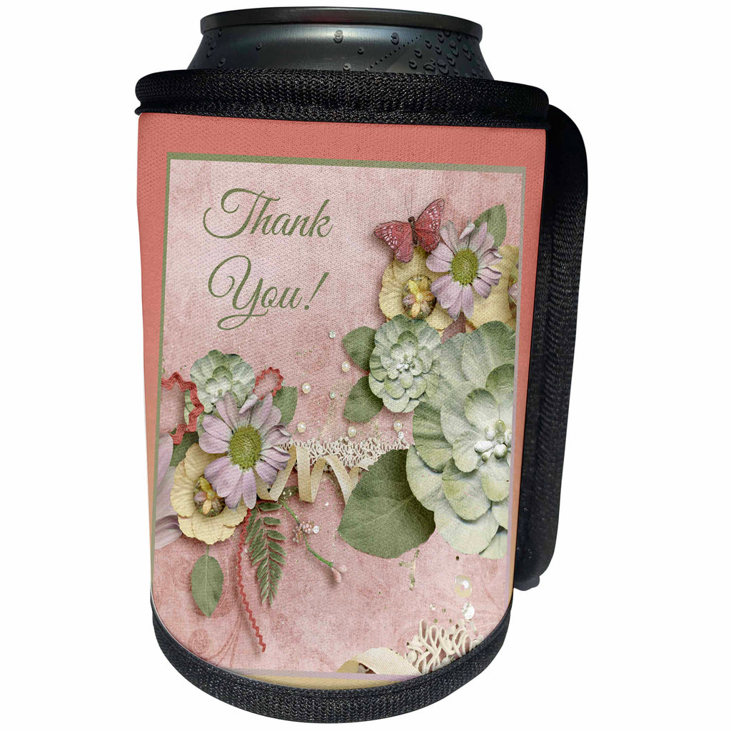 3dRose Beverly Turner Thank you Design - Pretty Pink, Cream Flowers, Butterfly, Rickrack, Lace, Thank you - Can Cooler Bottle Wrap (cc_254451)