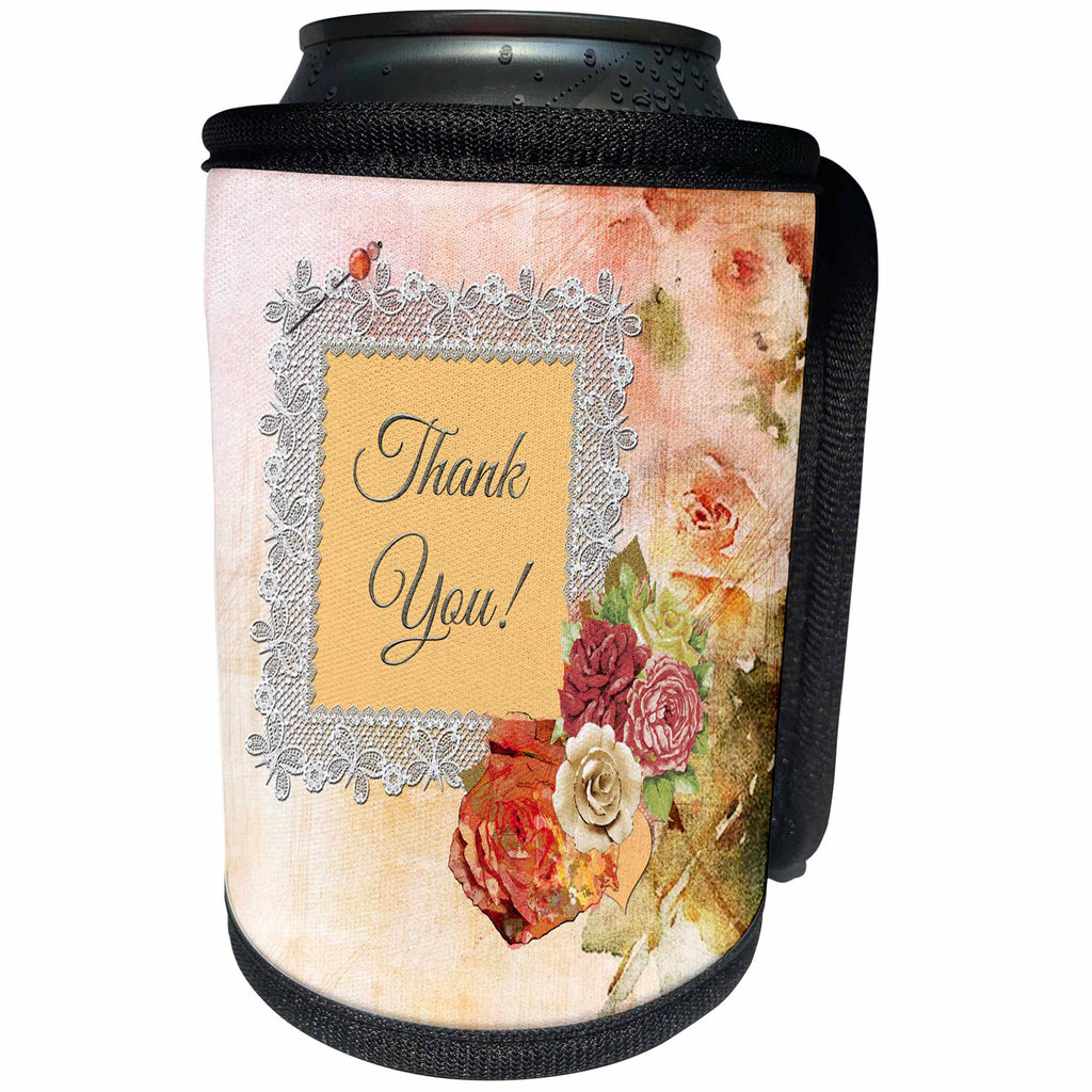 3dRose Beverly Turner Thank you Design - Thank you in Lace Frame, Rose Flowered Background, Peach, Green, Pink - Can Cooler Bottle Wrap (cc_254453)
