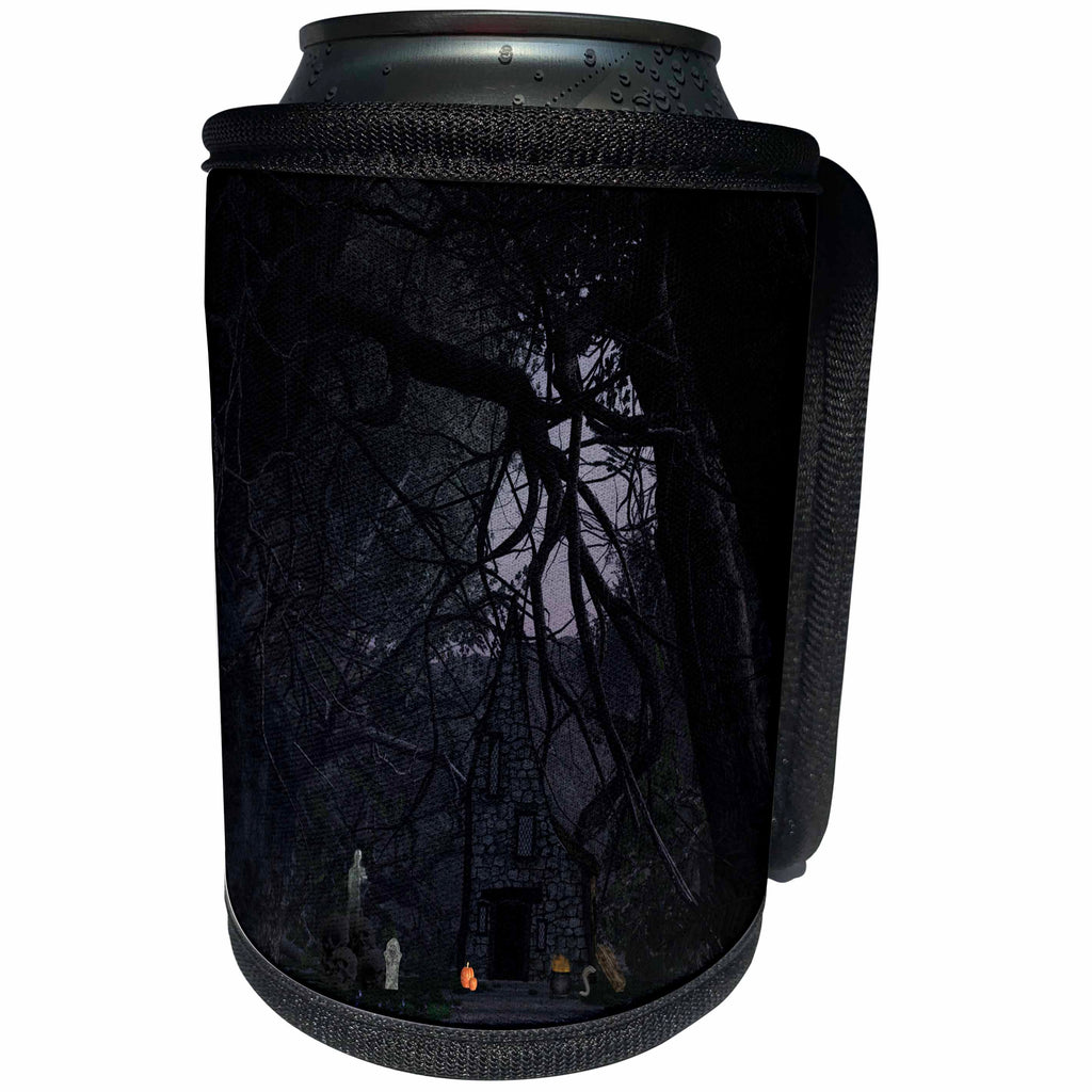 3dRose Beverly Turner Halloween Design - Spooky Haunted Cottage in the Woods, Ghosts, Coffins, Pumpkins, Pot - Can Cooler Bottle Wrap (cc_254454)