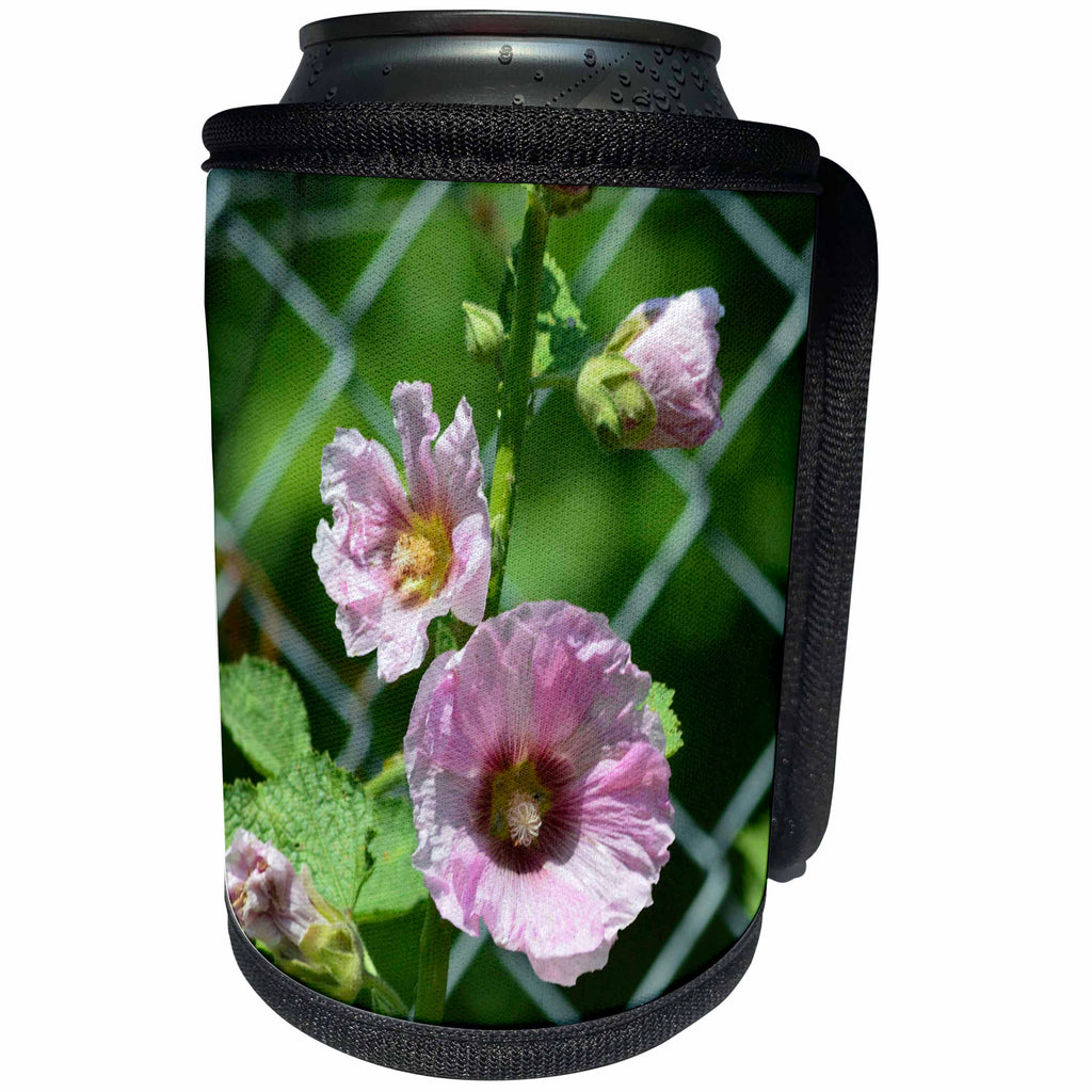 3dRose Beverly Turner Flora Photography - Pretty Pink Hollyhock Flowers with a Fence - Can Cooler Bottle Wrap (cc_254469)