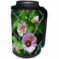 3dRose Beverly Turner Flora Photography - Pretty Pink Hollyhock Flowers with a Fence - Can Cooler Bottle Wrap (cc_254469)