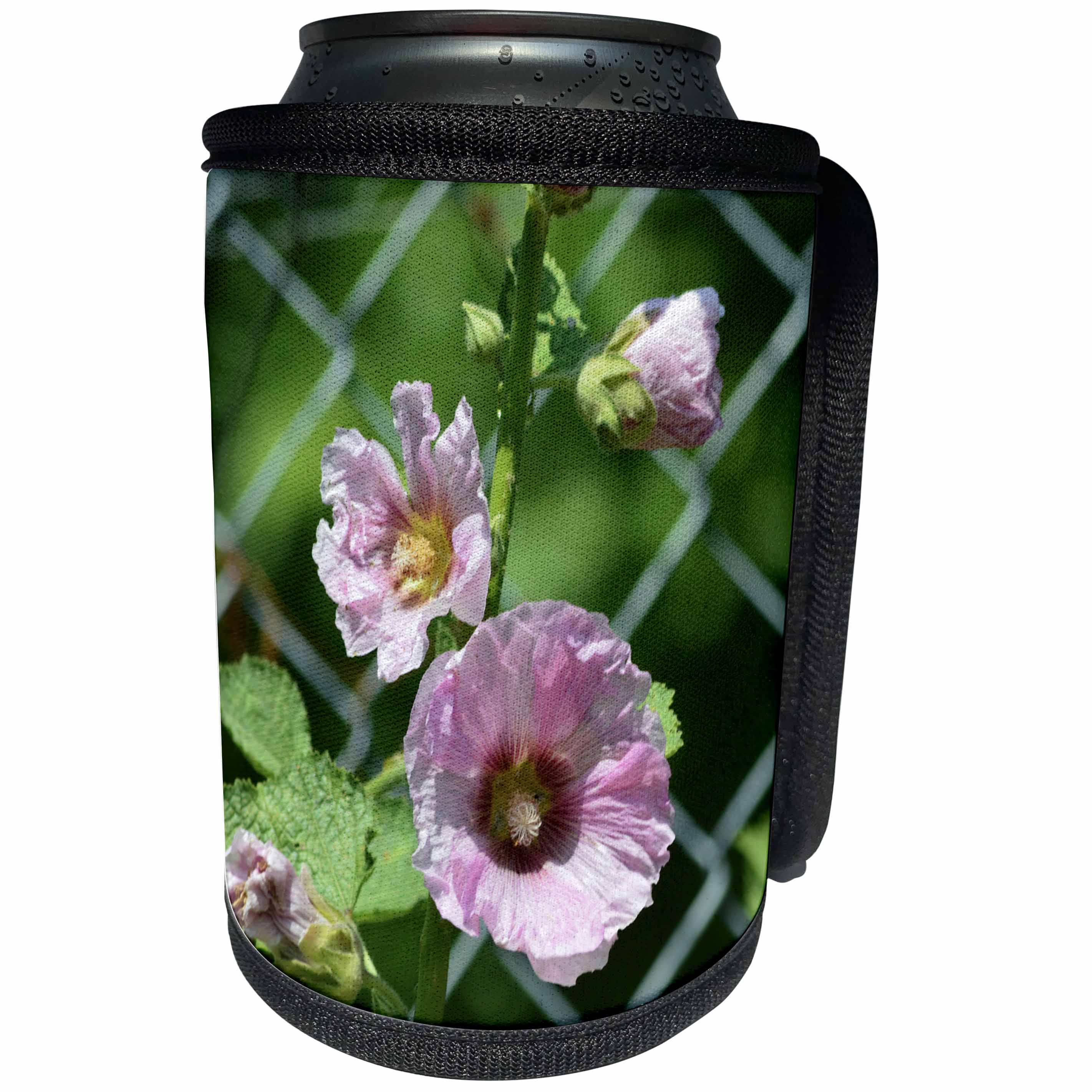 3dRose Beverly Turner Flora Photography - Pretty Pink Hollyhock Flowers with a Fence - Can Cooler Bottle Wrap (cc_254469)