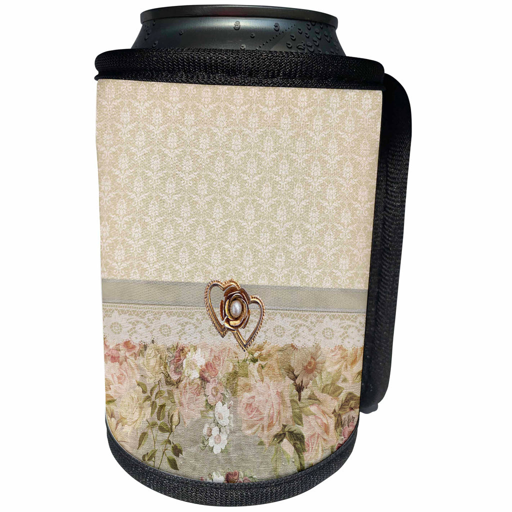 3dRose Beverly Turner Heart Design - Gold Heart with Pearl on Lace Ribbon on Lace and Flowers Look - Can Cooler Bottle Wrap (cc_254478)