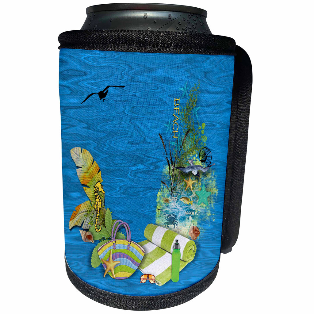 3dRose Beverly Turner At the Beach - Collage of Beach Stuff, Seahorse, Starfish, Seagull, Starfish, Towel - Can Cooler Bottle Wrap (cc_254489)
