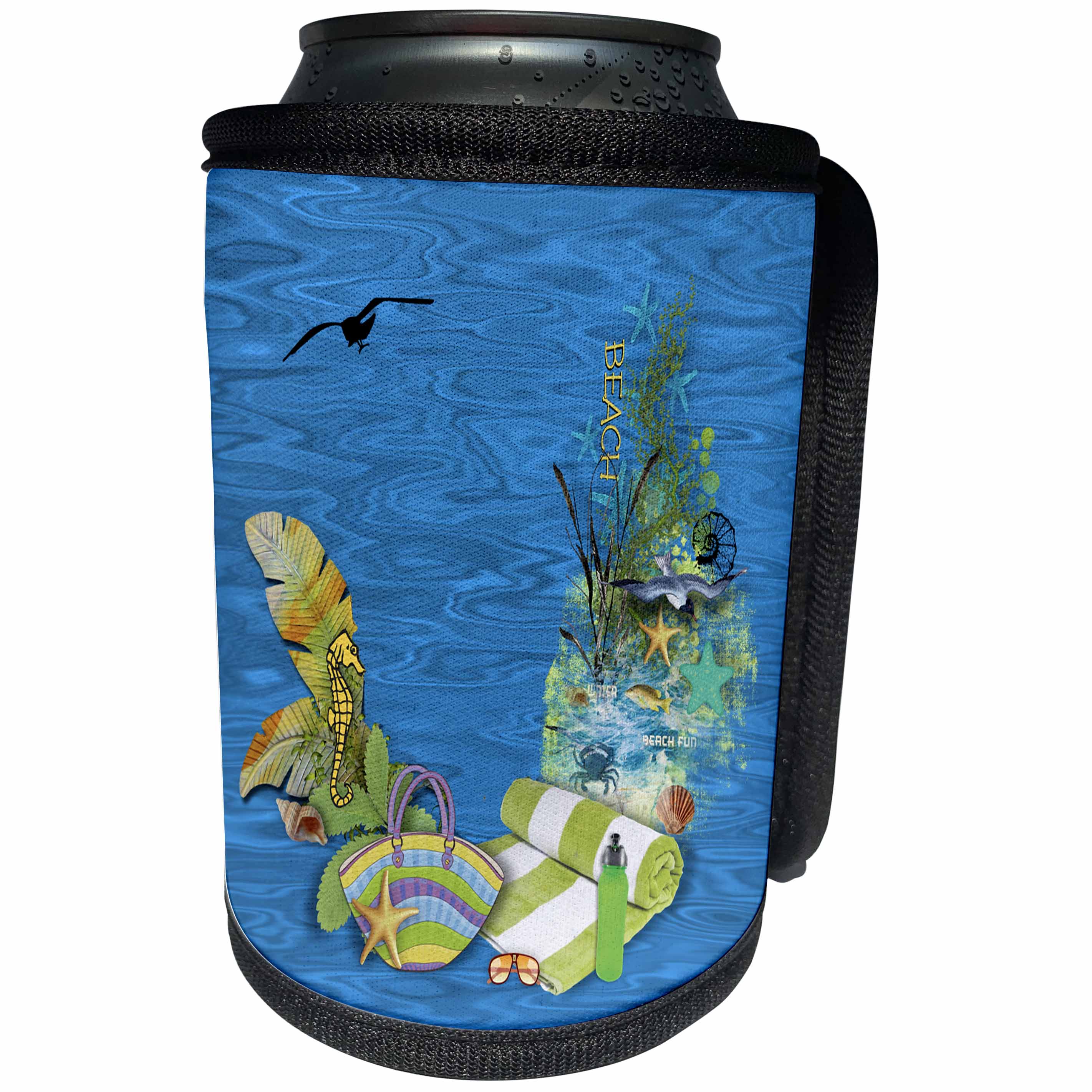 3dRose Beverly Turner At the Beach - Collage of Beach Stuff, Seahorse, Starfish, Seagull, Starfish, Towel - Can Cooler Bottle Wrap (cc_254489)