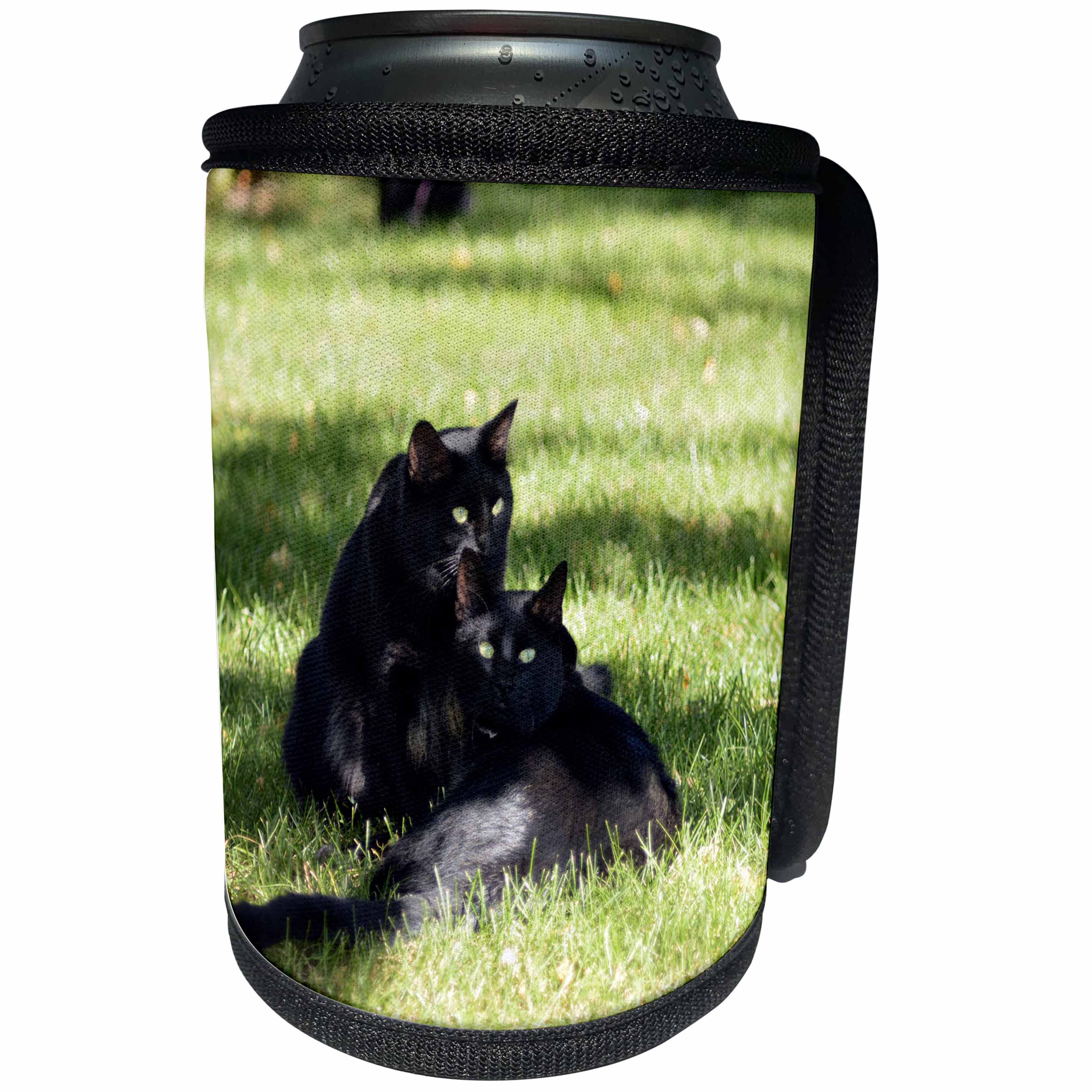 3dRose Beverly Turner Cat Photography - Two Beautiful Alert Black Cat on Green Grass - Can Cooler Bottle Wrap (cc_254493)